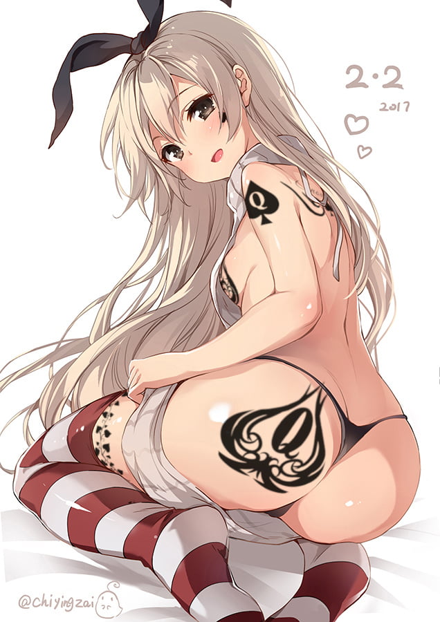 ass, big ass, big butt, bnwo, edit, female, kantai collection, light skin, light-skinned female, looking back, qos, qos tattoo, queen of spades, shimakaze (kantai collection), ship girl, stockings, tattoo, tattoos, thighhighs, thong, virgin killer sweater, white background, white hair