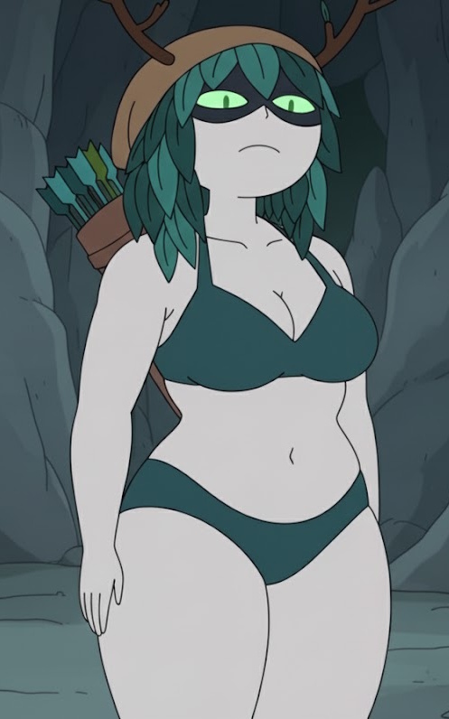 1girls, adventure time, antlers, bikini, breasts, canonical scene, cartoon network, chest, female, female only, fionna and cake, huntress wizard, leaf hair, light green eyes, looking down, pale-skinned female, thick thighs, thighs, turquoise skin