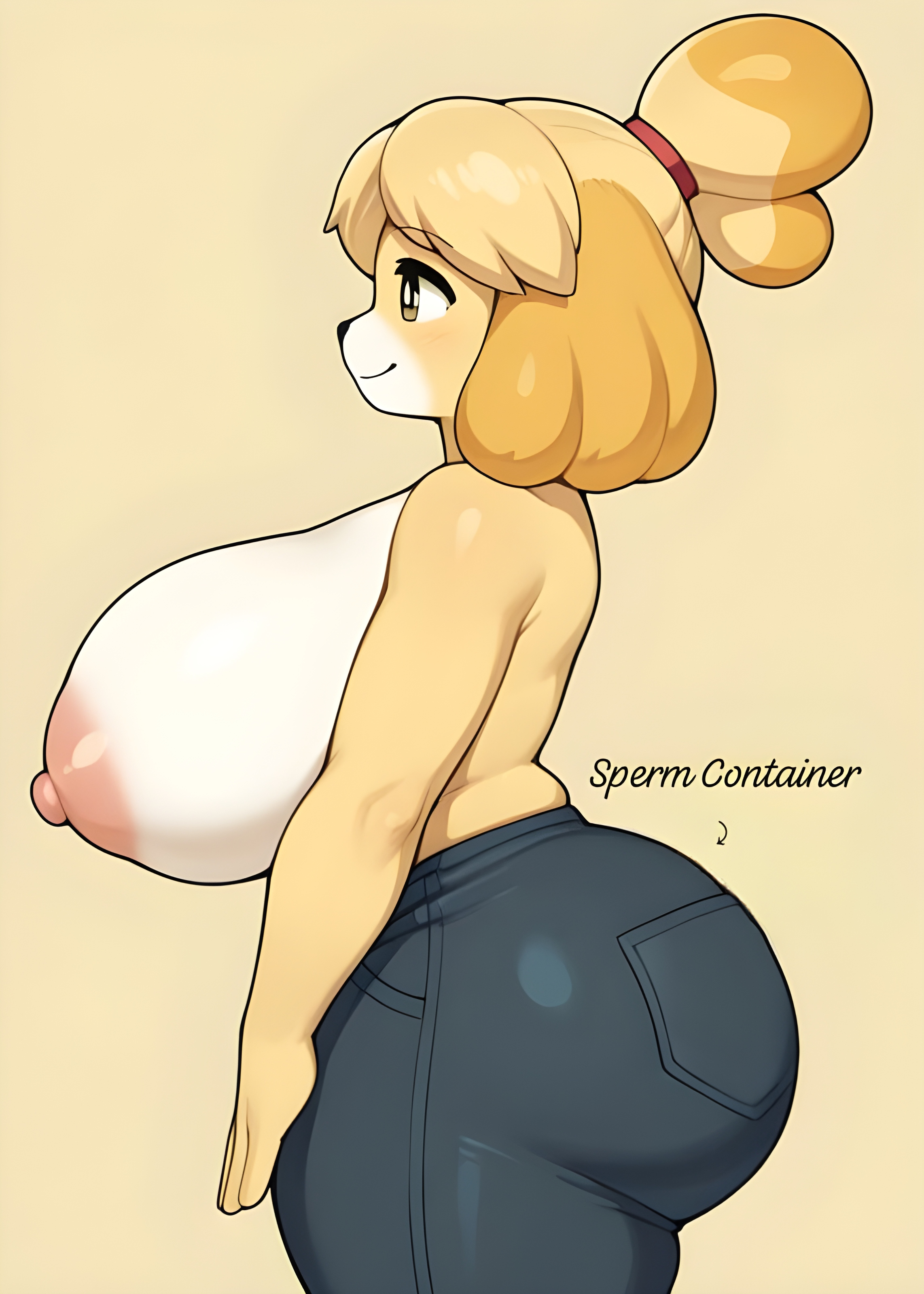 ai generated, animal crossing, anthro, big ass, big breasts, big butt, breasts, brown eyes, bubble ass, bubble butt, canid, canine, canis, dog girl, domestic dog, evil container, female, female only, fur, furry, furry female, furry only, furry tail, huge breasts, isabelle (animal crossing), jeans, meme, nintendo, nipples, side view, sideboob, simple background, text, topless, video games, yellow body, yellow fur