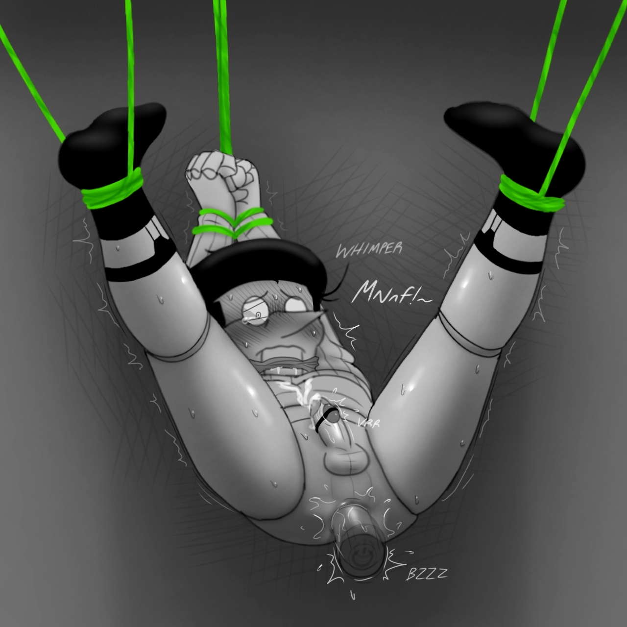 1boy, bondage, bound wrists, cliodoesntdraw, cum, deltarune, gag, half-dressed, humiliation, male, male only, overstimulation, penis, precum, sock garters, spamton g spamton, spread legs, suspension, vibrator in ass, vibrator on penis