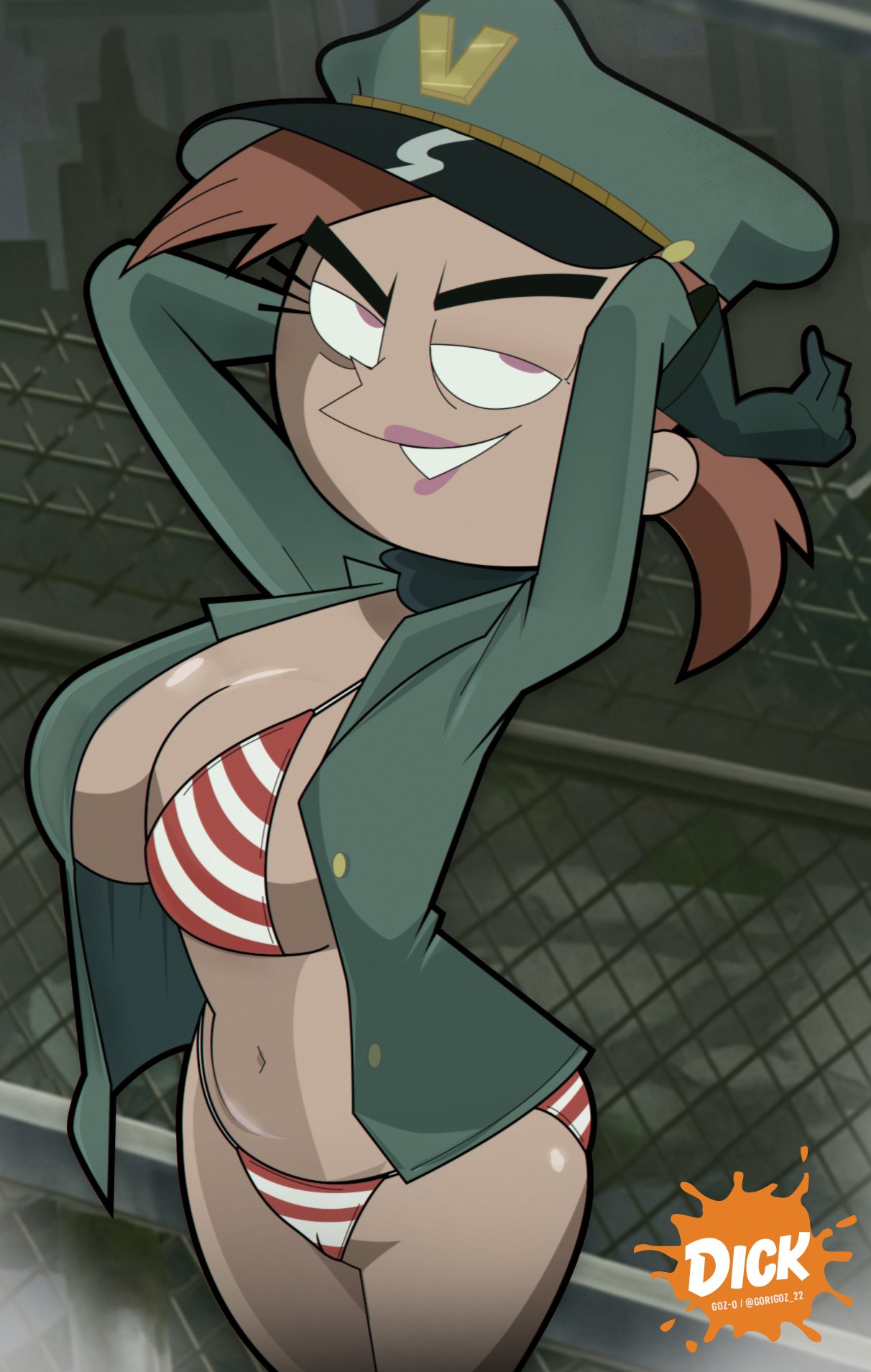 1girls, american flag bikini, american flag swimsuit, arms behind head, arms up, artist name, bikini, black gloves, black panties, breasts, brown hair, cameltoe, chain-link fence, cleavage, clothing, dark skin, dark-skinned female, epaulettes, evil grin, evil smile, female, fence, fishnets, flag print, flag print bikini, flag print swimsuit, gloves, gosgoz, green headwear, green jacket, grin, hat, jacket, large breasts, lights, lipstick, looking at viewer, makeup, military hat, military uniform, navel, no pants, open clothes, panties, peaked cap, ponytail, purple lips, railing, red bikini, short hair, short ponytail, smile, smug, solo, striped bikini, striped clothes, swimsuit, the fairly oddparents, underwear, uniform, vicky (fairly odd parents)