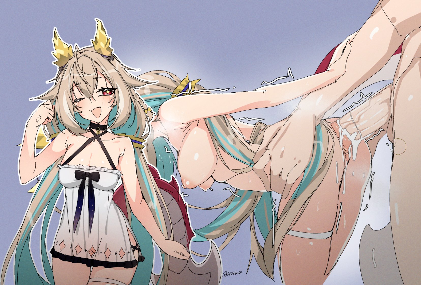 1boy, 1girls, ass, black choker, blonde hair, breasts, choker, dragon girl, dragon horns, dragon tail, dress, female, hair between eyes, horns, large penis, light skin, light-skinned female, light-skinned male, male, medium breasts, penis, phase connect, phase origins, red eyes, sex, sex from behind, standing, standing sex, star pupils, thigh strap, tilt-shift (azalanz), two-tone hair, utatane nasa, virtual youtuber, vtuber, vtuberfanart, waist grab, white dress