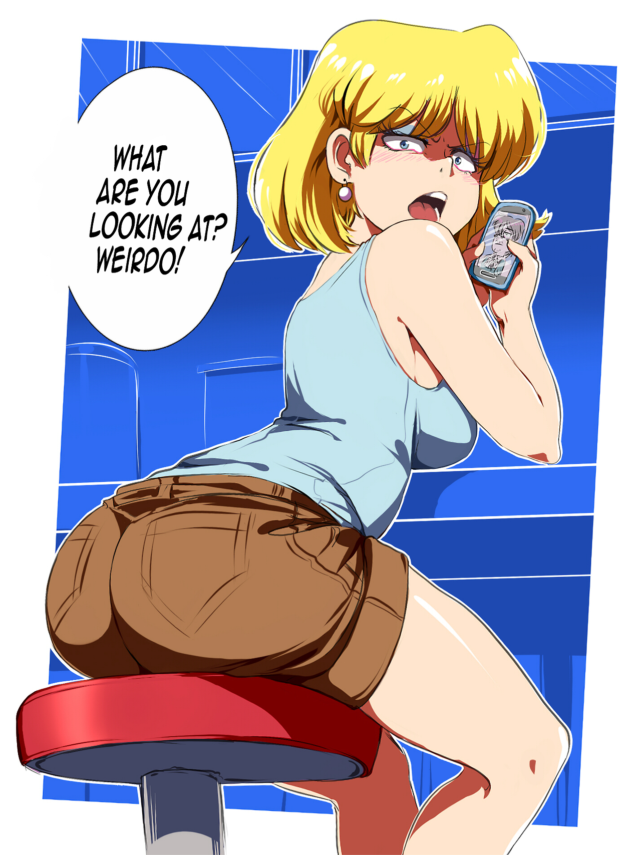 1girls, ass, back view, big ass, blonde female, blonde hair, breasts, clothes, clothing, english text, female, female only, jcm2, lori loud, nickelodeon, rear view, seductive, shorts, sideboob, solo, solo female, speech bubble, tank top, text, the loud house, thighs