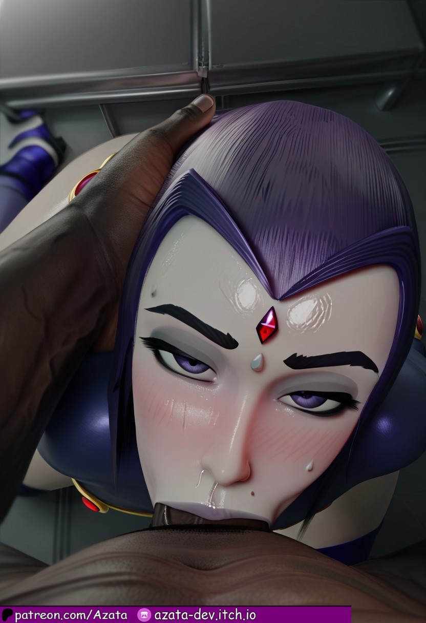 :>=, 1boy, 1girls, absurdly large cock, ai generated, azataai, blowjob, blowjob face, blue cape, blue hood, dark penis, dark skin, dark-skinned male, dc, dc comics, eye contact, female, grey skin, hero, hyper penis, imminent oral, impossible fit, interracial, looking at viewer, male, partial male, penis, penis on face, petite female, provocative, rachel roth, raven (dc), sweating, taller male, teen titans, touching face, veiny penis, voluptuous female