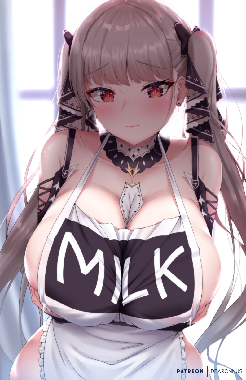 1girls, apron, apron only, azur lane, blush, breasts, dearonnus, female, female only, formidable (azur lane), grey hair, huge breasts, lactation, looking at viewer, solo, twintails