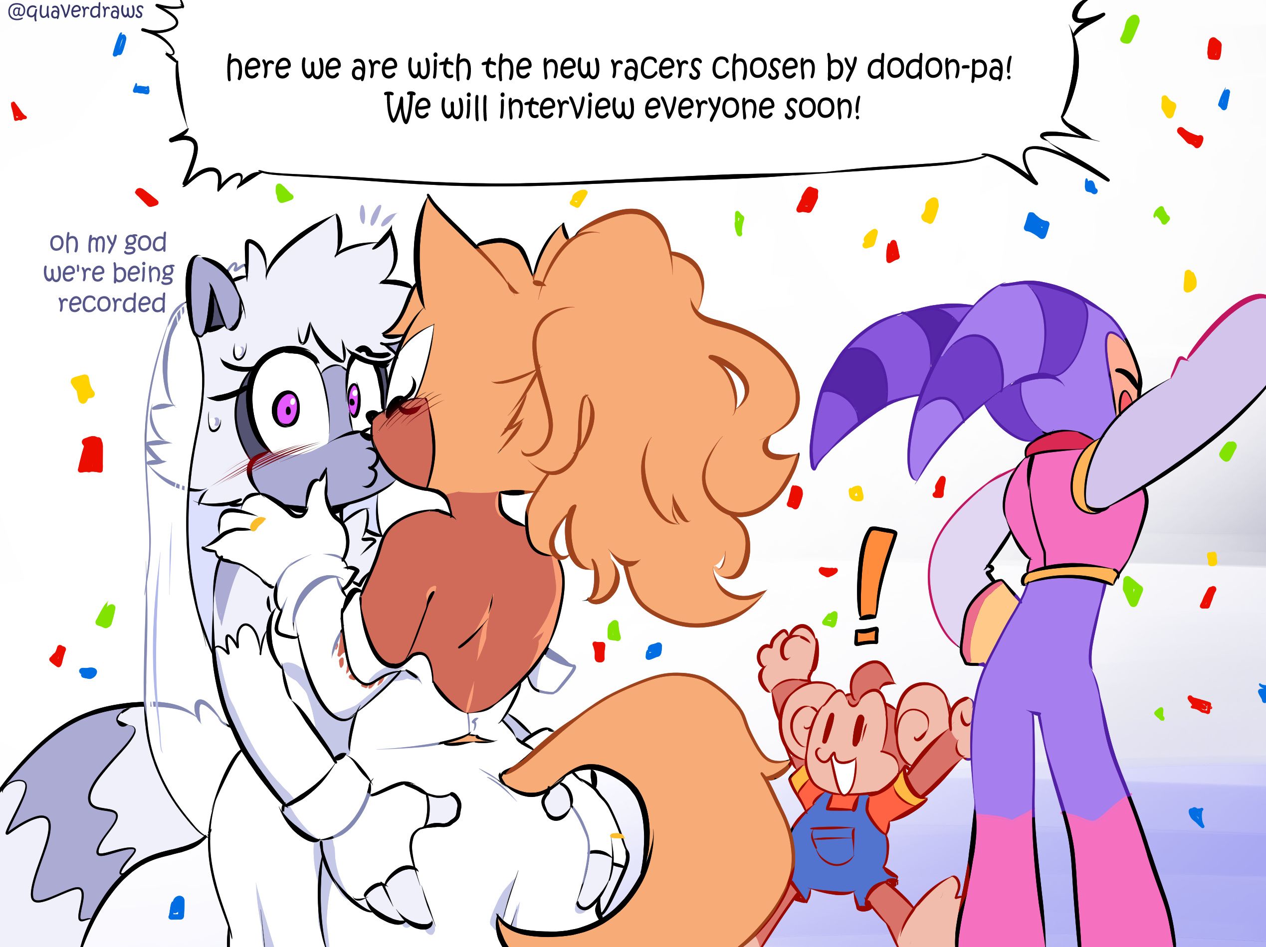 !, 1boy, 1other, 2girls, aiai, animal ears, animal nose, anthro, artist self-insert, ass, ass grab, backless dress, backless outfit, bisexual female, blonde hair, blue overalls, blush, body fur, bridal veil, bride, brown fur, caught, closed eyes, clothing, confetti, dress, elbow gloves, english language, english text, female, fox ears, fox girl, fox tail, furry, furry female, furry male, furry with furry, gloves, grabbing another's ass, grey fur, groping, husband and wife, interspecies, jewelry, kissing, kissing cheek, lesbian kiss, lesbian wedding, male, mammal, multiple females, multiple girls, nights, nights into dreams, overalls, ponytail, purple eyes, purple fur, quavernsfw, raccoon ears, raccoon girl, raccoon tail, ring, sonic (series), sonic racing crossworlds, sonic the hedgehog, sonic the hedgehog (comics), sonic the hedgehog (idw), speech bubble, straight, super monkey ball, surprise kiss, surprised, sweat, tail, tangle the lemur, text, torn clothes, veil, wedding, wedding dress, wedding ring, whisper the wolf, white dress, white fur, white gloves, wide-eyed, wife and wife, yuri