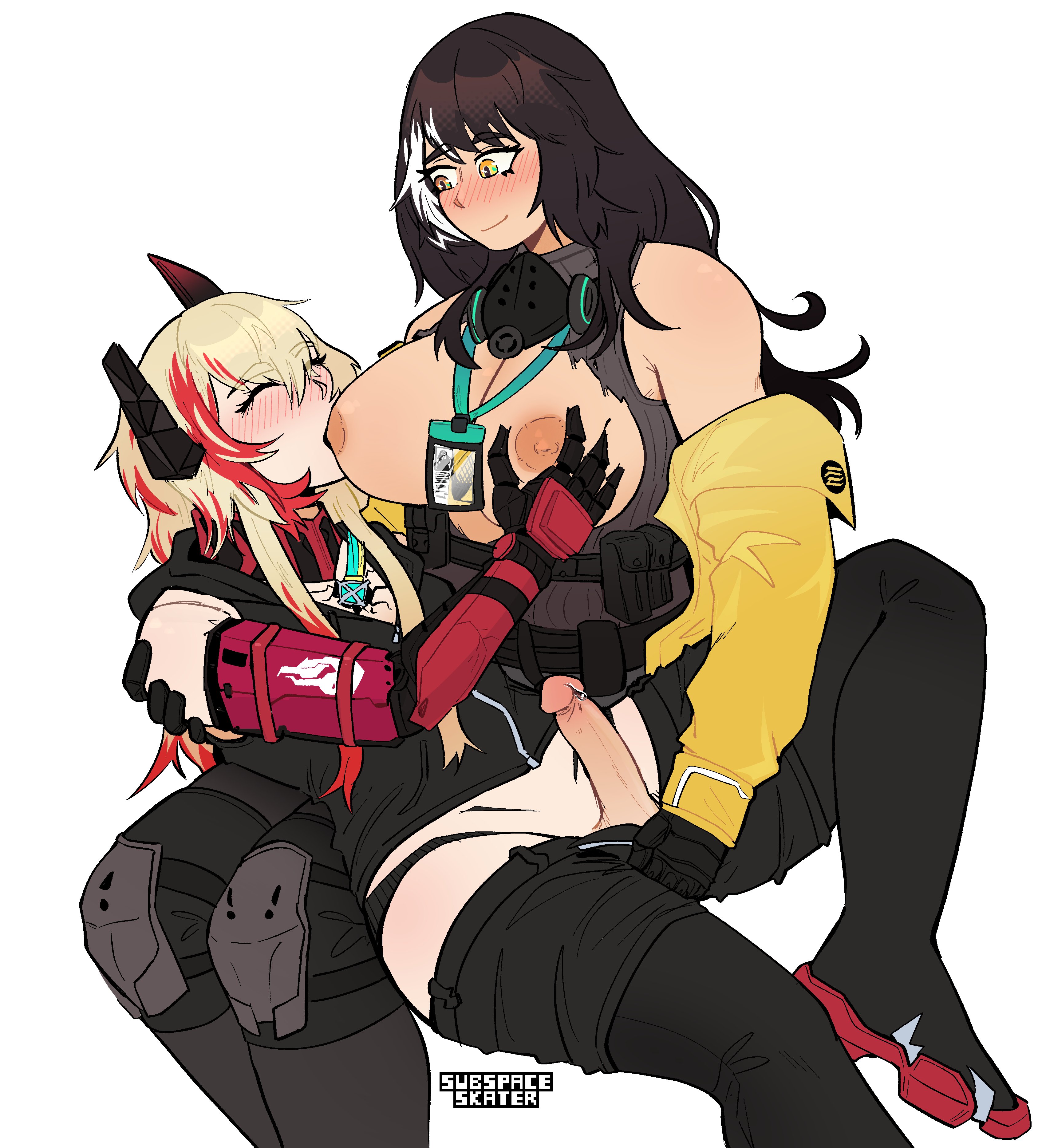 1futa, 1girls, big breasts, black hair, blonde hair, blush, breast grab, breastfeeding, breasts, breasts out, cleavage, closed eyes, closed mouth, clothing, female, futanari, gas mask, girls' frontline, gloves, grabbing breasts, handjob, hoodie, intersex, lanyard, large breasts, laying down, laying on back, long hair, looking at another, looking at partner, looking down, lying down, lying on back, lying on person, m4 sopmod ii (girls' frontline), mechanical arm, multicolored hair, nipples, nursing handjob, pants, pants down, penis, precum, reclining, red hair, ro635 (girls' frontline), smile, subspaceskater, sucking nipples, sweater, uncensored, white hair, yellow eyes