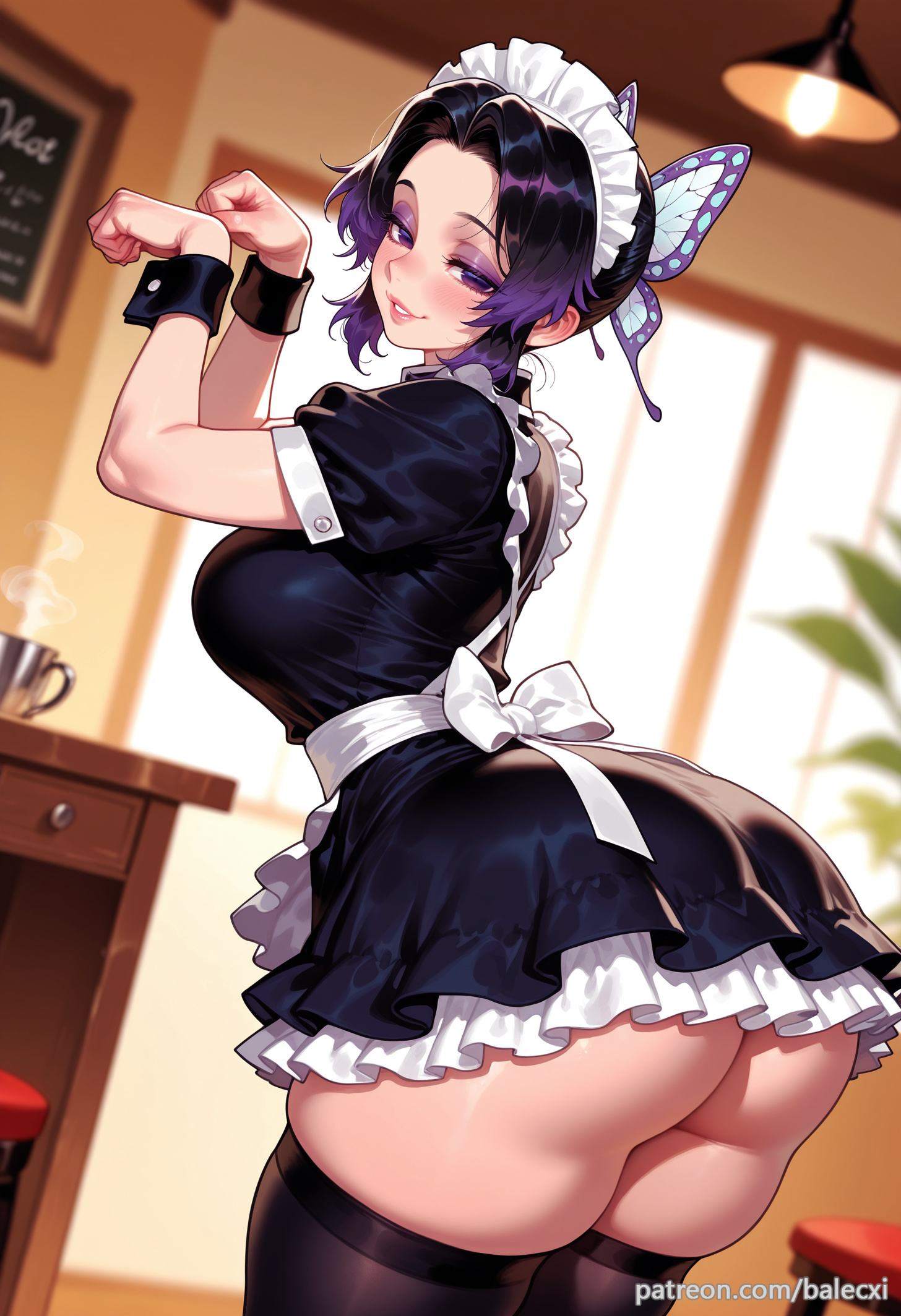 1girls, ai generated, alternate costume, apron, ass, balecxi, black hair, black thighhighs, breasts, butterfly hair ornament, demon slayer, dress, enmaided, female, hair ornament, indoors, kochou shinobu, large breasts, looking at viewer, maid, maid headdress, patreon username, paw pose, purple eyes, short hair, short sleeves, smile, solo, thick thighs, web address