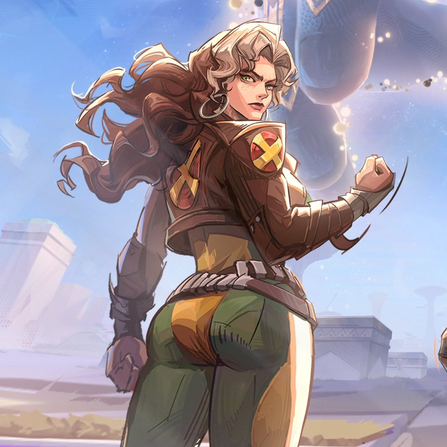 1girls, ass, ass focus, big ass, female, female only, hoop earrings, looking back, marvel, marvel rivals, official art, rogue (marvel rivals), rogue (x-men), thick thighs