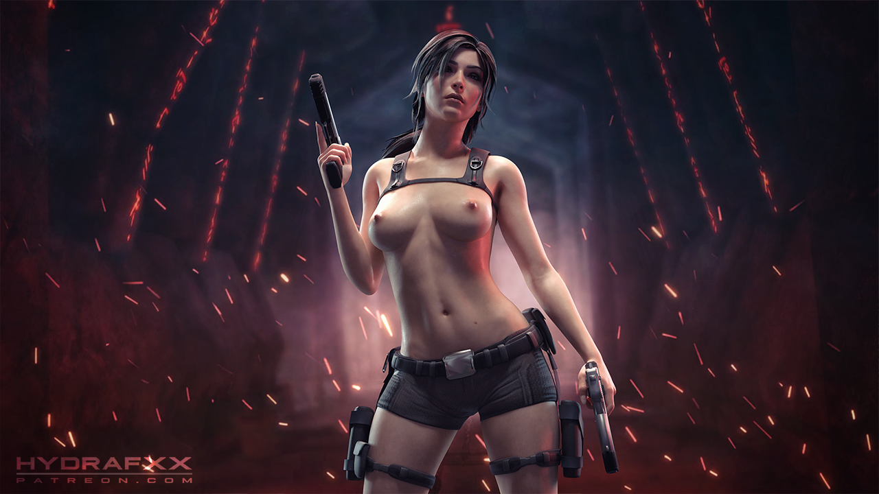 1girls, 3d, areolae, backpack, bag, belt, blender, boobs, bottomwear, breasts, clothing, dual wielding, female, female only, firearm, footwear, gun, handgun, handwear, holster, human, hydrafxx, lara croft, lara croft (survivor), looking at viewer, nipples, pistol, shorts, solo, thigh strap, tomb raider, tomb raider (survivor), topless, wallpaper, weapon