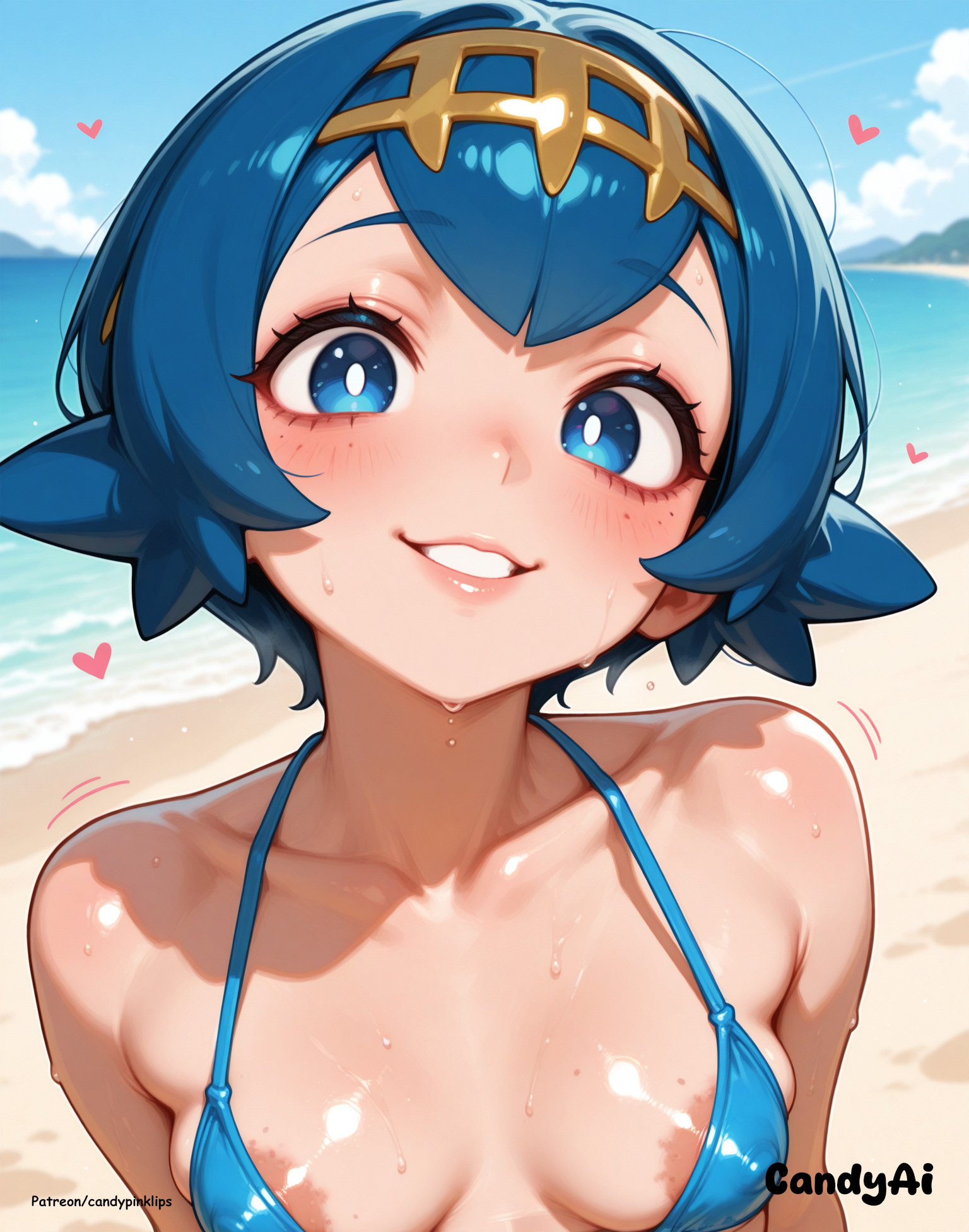 1girls, ai generated, areola slip, beach, blue bikini, blue eyes, blue hair, breasts, candypinklips, erect nipples under clothes, female, female only, lana (pokemon), pokemon, portrait, short hair, small breasts, smile, solo, standing, watermark, yellow hairband, yellow hairpiece