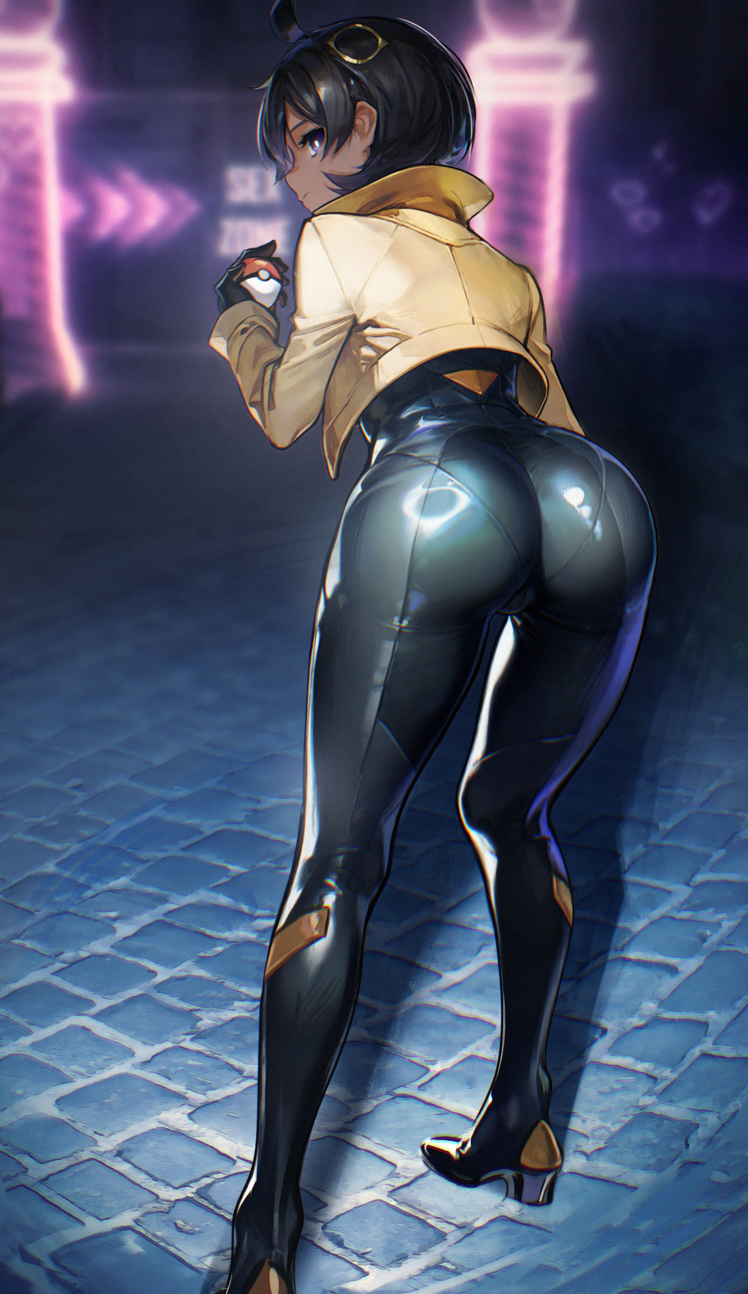 1girls, absurdres, ass, bad id, bad twitter id, bent over, black bodysuit, black gloves, black hair, black shoes, blurry, blurry background, bodysuit, bodysuit under clothes, brown jacket, closed mouth, commentary, cowlick, dark skin, dark-skinned female, emma (pokemon legends: z-a), emma (pokemon), female, full body, game freak, gloves, hair between eyes, hair ornament, highres, holding, holding poke ball, jacket, kryp132, latex, latex bodysuit, long sleeves, looking at viewer, looking back, matiere (pokemon legends: z-a), matiere (pokemon), night, nintendo, outdoors, poke ball, poke ball (basic), pokemon, pokemon legends: z-a, purple eyes, shadow, shoes, short hair, sidelocks, solo, standing, swept bangs, thighs