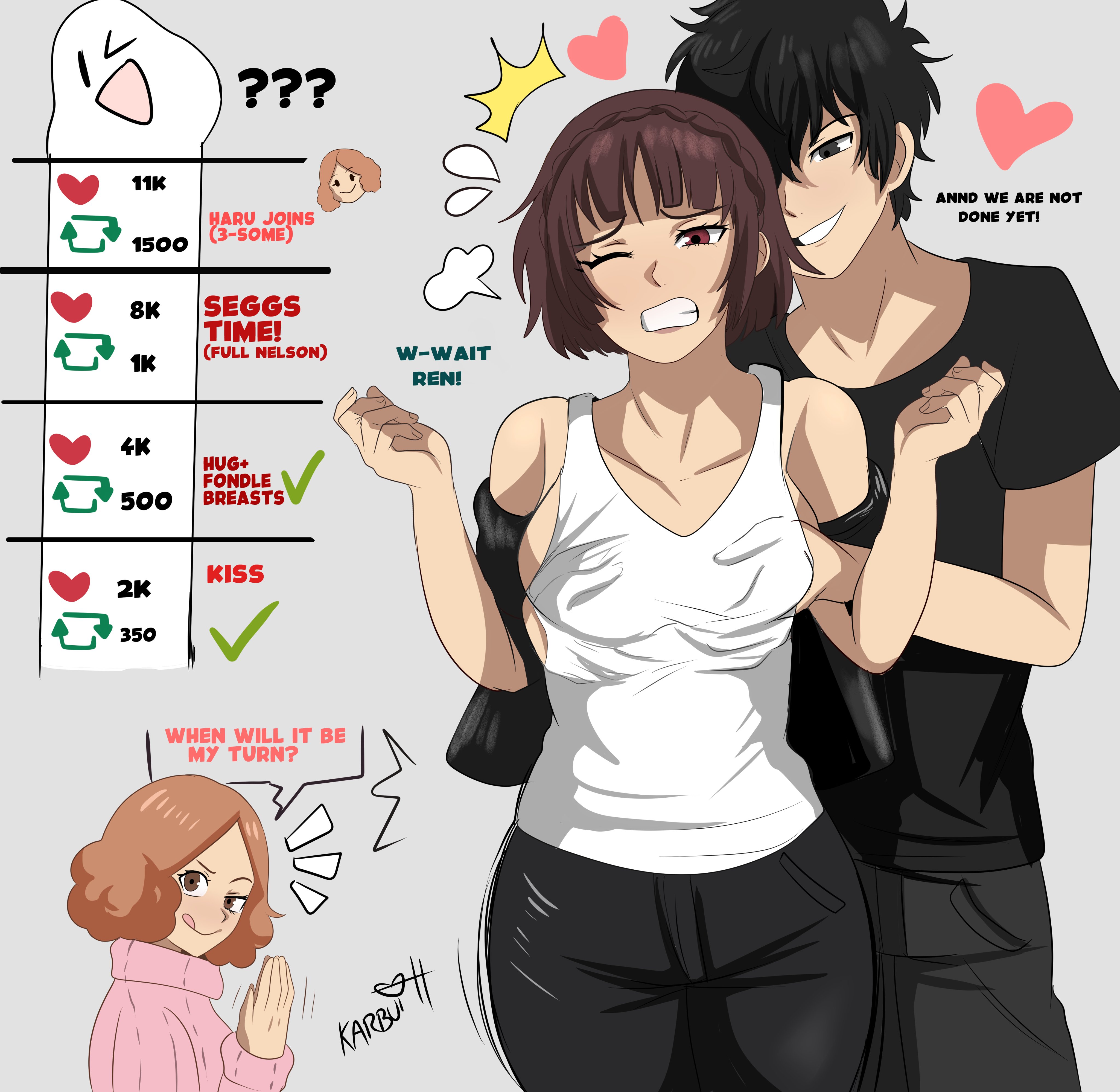1boy, 2girls, akira kurusu, artist name, atlus, black eyes, black hair, black jacket, black pants, breast grab, breasts, brown eyes, brown hair, challenge, clenched teeth, cropped jacket, english text, female, fondling, fondling breast, grabbing, grabbing another's breast, grabbing breasts, hand under clothes, haru okumura, heart, jacket, karbuitt, large breasts, licking, licking lips, like goal, looking at viewer, makoto niijima, makoto niijima (strikers casual), male, one eye closed, page 3, pants, persona, persona 5, persona 5 scramble: the phantom strikers, ren amamiya, short hair, short jacket, simple background, strip game, tank top, text, tongue, tongue out, white tank top