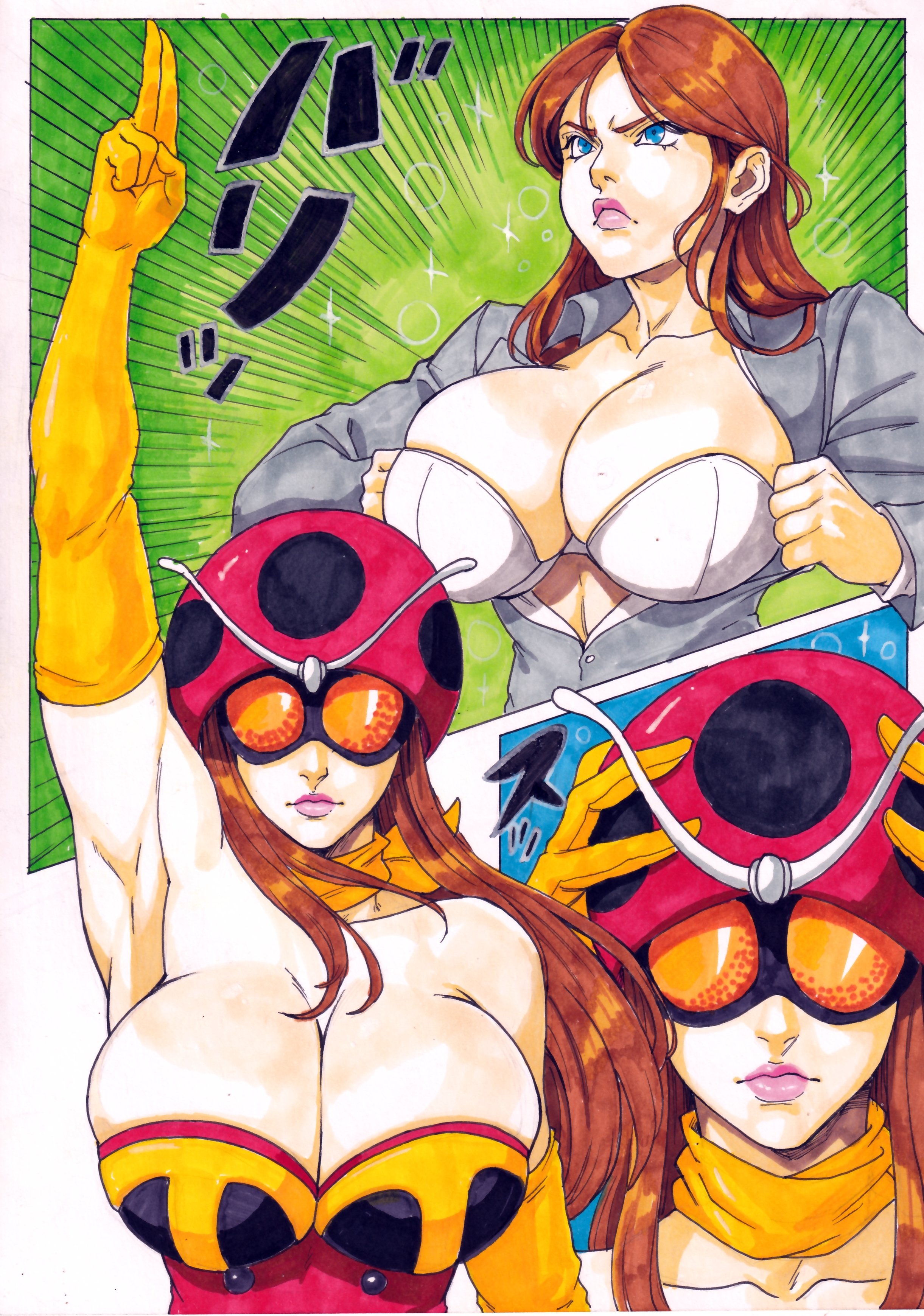 1girls, absurdres, antennae, arm up, armpits, big breasts, blue eyes, border, bra, breasts, brown hair, busty, cleavage, closed mouth, commentary, curvy, elbow gloves, electro wave human tackle, english commentary, female, female focus, female only, formal clothes, gloves, grey suit, helmet, highres, huge boobs, huge breasts, human, jugs, kamen rider, large breasts, long hair, mask, mature female, nero undead, neroundead, okada yuriko, partially unbuttoned, red helmet, salute, solo, suit, superheroine, teacher, teacher female, toujima tanzaburou wa kamen rider ni naritai, two-finger salute, underwear, white border, white bra, yellow gloves