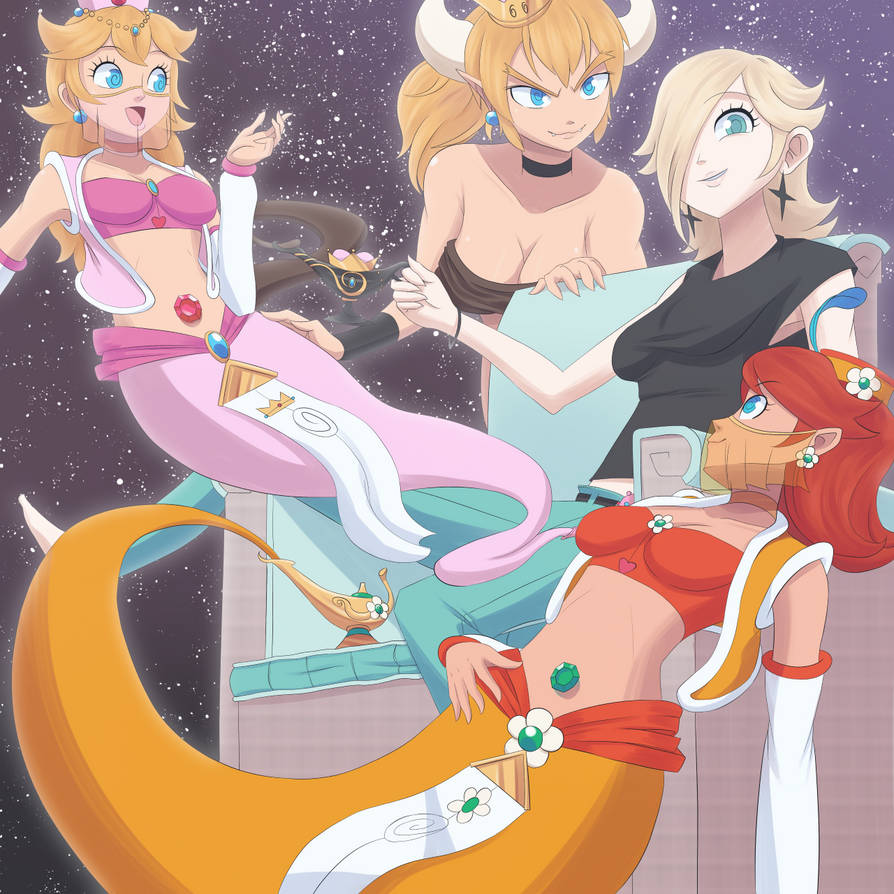 2d, 4girls, blonde female, blonde hair, blue eyes, bowser, bowsette, clothed, clothes, clothing, color, colored, commission, dancer, dancer outfit, ear piercing, earrings, female, female only, female/female, floating, flower, flower in hair, fully clothed, genderswap, genderswap (mtf), genie, genie girl, genie lamp, genie tail, genie transformation, ginger, ginger hair, harem, horns, light skin, light-skinned female, mario (series), navel piercing, night, nintendo, post-transformation, potterzilla, princess daisy, princess peach, princess rosalina, rule 63, sexy clothing, sitting, skimpy clothes, smile, stars, super mario bros., super mario galaxy, thin clothing, transformation, yuri
