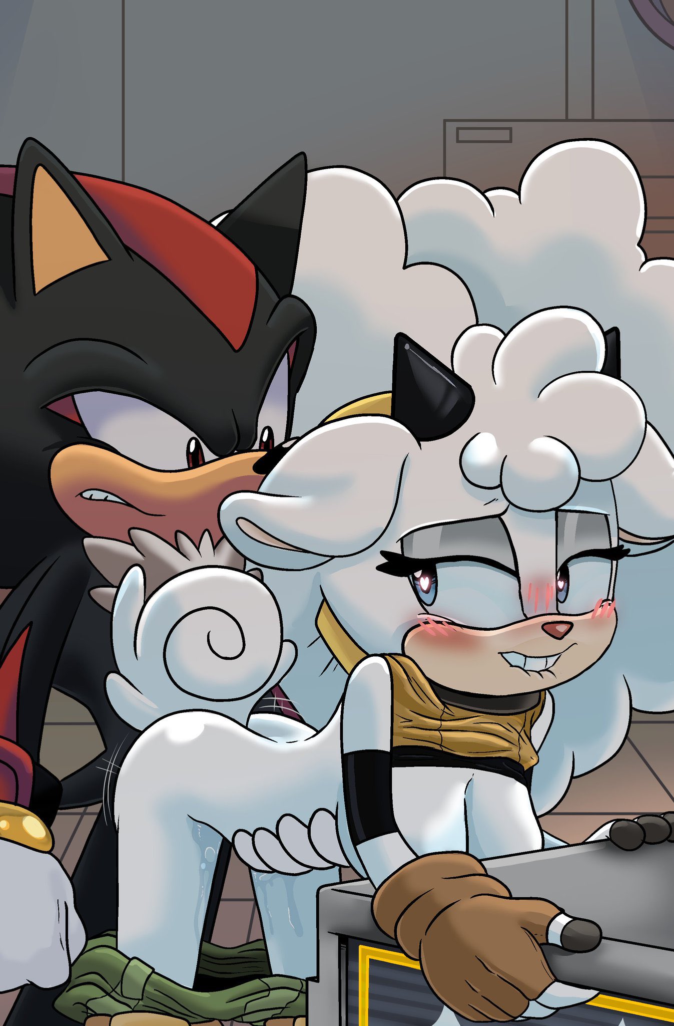 1boy, 1girls, animal ears, animal nose, anthro, ass, bent over, big hair, biting own lip, black fur, black horns, blue eyes, blush, body fur, bottomless, breasts, brown gloves, cintraarts, clenched teeth, clothes lift, clothes pull, clothing, dog ears, doggy style, drooling, duo, ears down, female, fingerless gloves, furry, furry female, furry male, furry with furry, gloves, green shorts, hairband, half-closed eyes, hand on another's stomach, happy, happy sex, heart-shaped pupils, horns, indoors, interspecies, lanolin the sheep, large breasts, long hair, looking at another, looking back, looking to the side, makeup, male, mammal, medium breasts, multicolored hair, nipples, no bra, nose blush, pants, pants pull, parted lips, pussy, pussy juice, raised eyebrows, red eyes, red fur, red hair, sega, sex, sex from behind, shadow the hedgehog, sheep ears, sheep girl, shirt, shirt lift, shorts, shorts pull, sideways mouth, sleeveless, smile, snout, sonic (series), sonic the hedgehog (comics), sonic the hedgehog (idw), sonic the hedgehog (series), standing, straight, symbol-shaped pupils, tail, teeth, tile floor, tiles, torso grab, two-tone fur, vaginal penetration, white fur, white gloves, white hair, yellow shirt