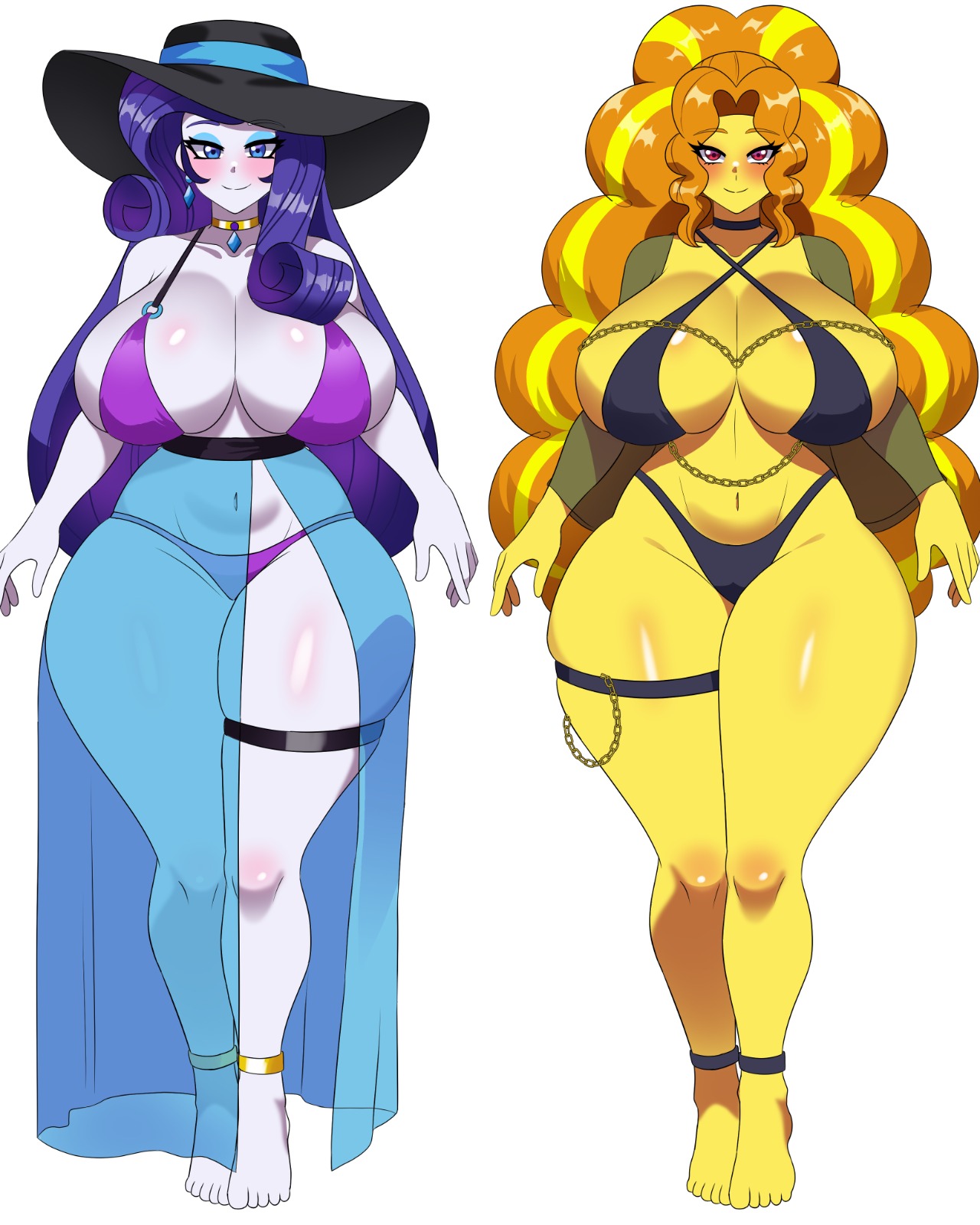 2girls, adagio dazzle, adagio dazzle (eg), ass, big ass, big breasts, big butt, big thighs, big titties, bikini, blue eyes, breasts, chubby, clothing, curvaceous, curvaceous female, curvaceous figure, curvy, curvy figure, curvy hips, equestria girls, female, female only, friendship is magic, hasbro, hat, long hair, looking at viewer, masterdestroyzj, my little pony, purple hair, rarity (eg), rarity (mlp), sun hat, white skin, yellow hair, yellow skin