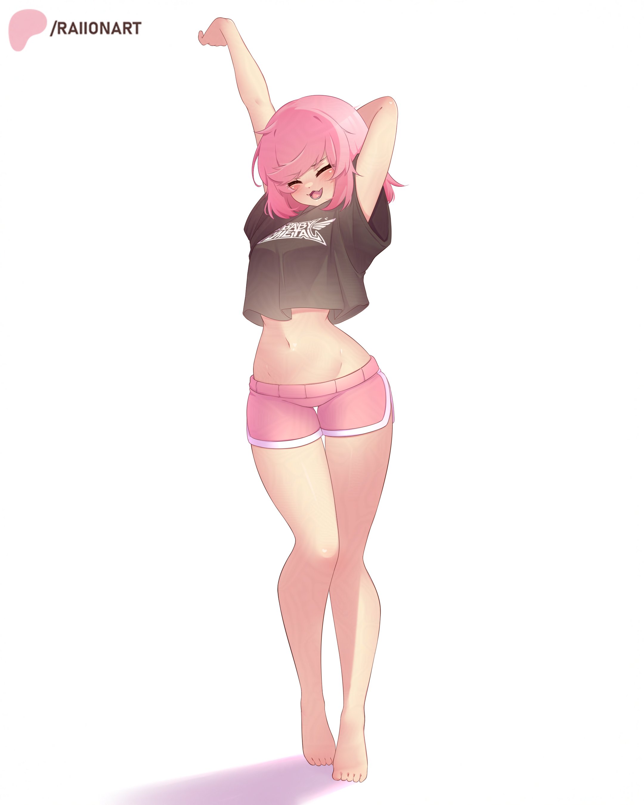 1girls, animal ears, arms up, bare feet, casual clothing, closed eyes, crop top, doki doki literature club, dolphin shorts, feet, female, female only, full body, happy, midriff, natsuki (doki doki literature club), navel, open mouth, pink hair, raionart, sfw, short shorts, shorts, simple background, smile, standing, toes, white background