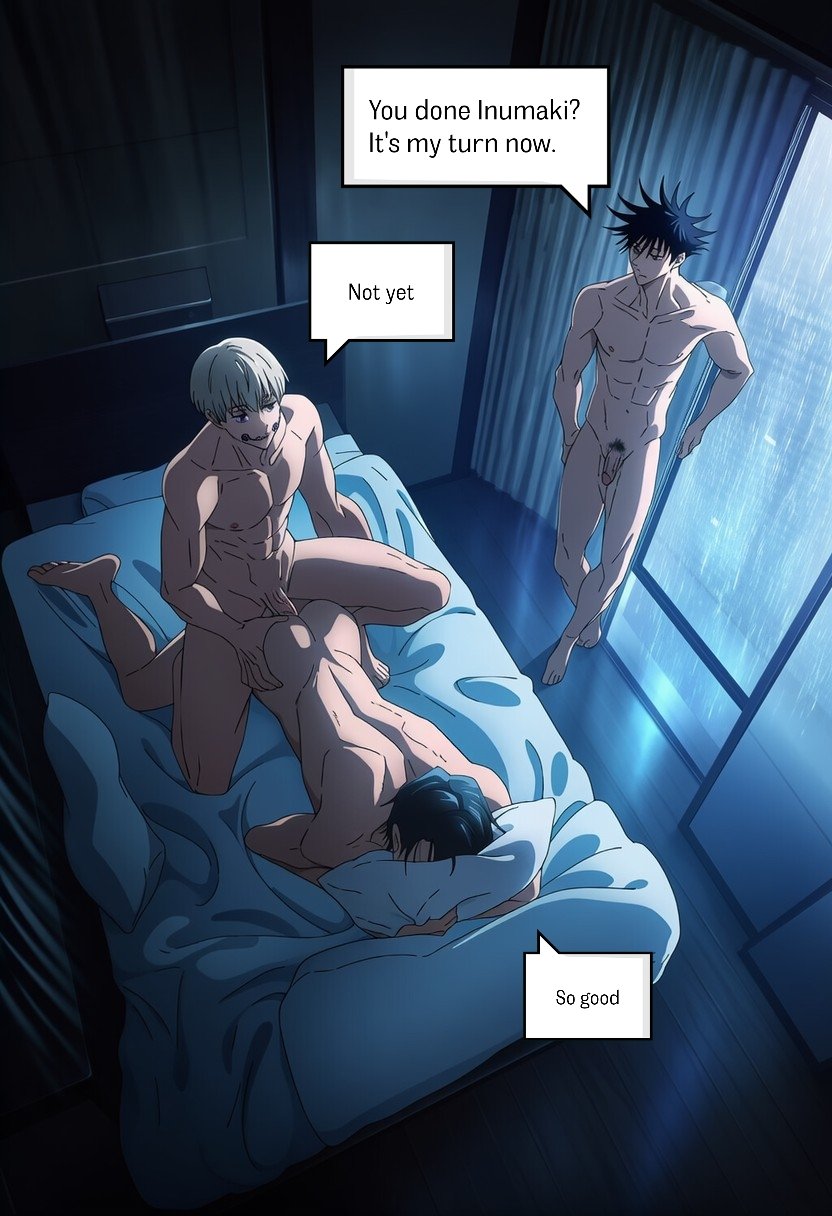 ai generated, bara, fushiguro megumi, gay, hawkchan99, jujutsu kaisen, male, male focus, male only, muscular, muscular male, toge inumaki, yaoi, yuta okkotsu