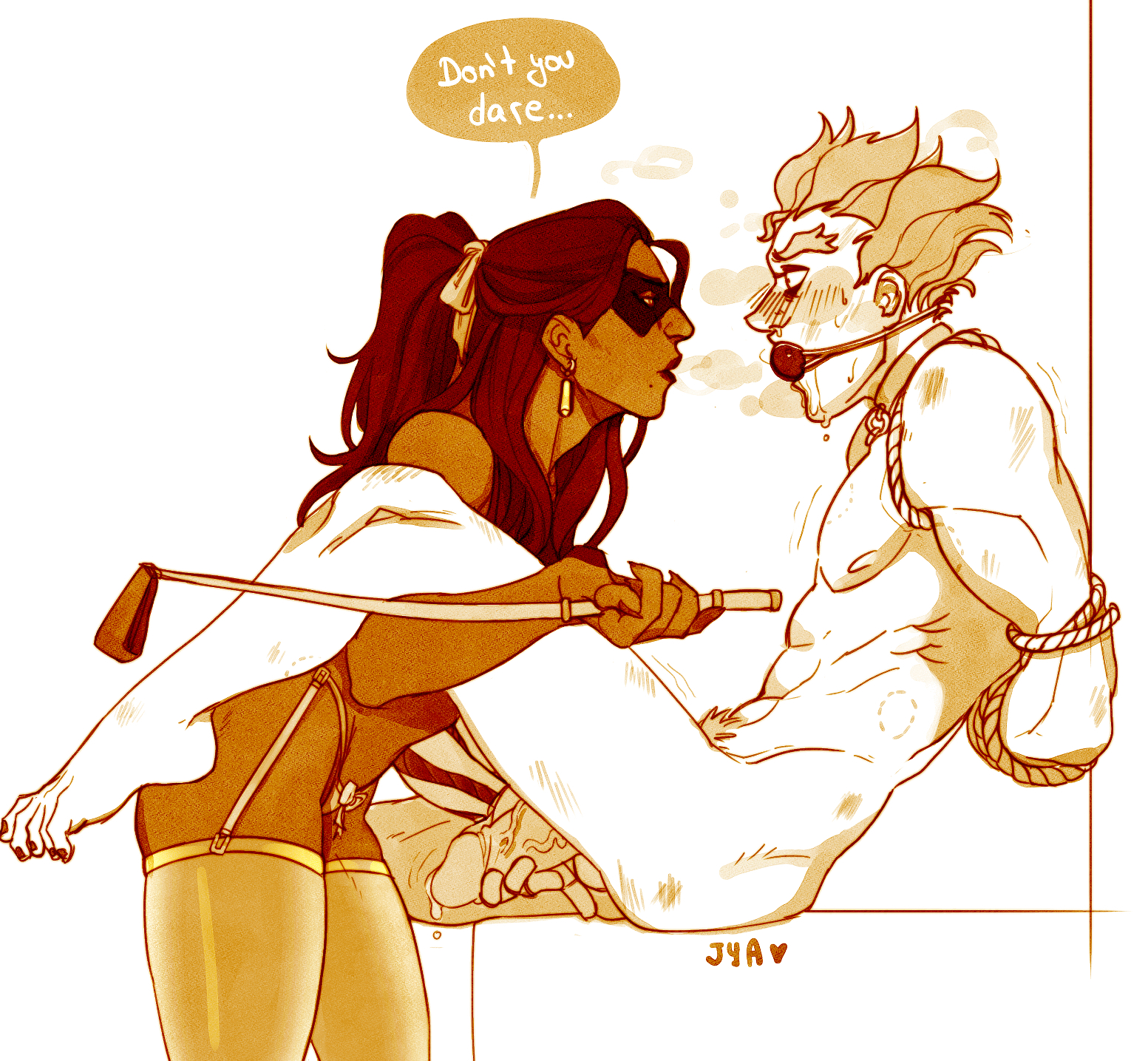 1boy, 1girls, arms behind back, arms tied, arms tied behind back, ball gag, bdsm gear, bite marks, bondage, english, female, femdom, gagged male, garter straps, handjob, junkrat, jyagantz, male, malesub, orgasm denial, overwatch, pubic hair, riding crop, speech bubble, symmetra, thighhighs