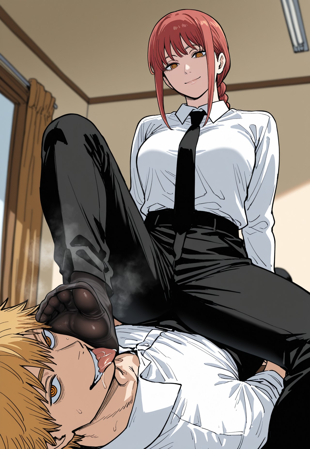 ai generated, chainsaw man, denji (chainsaw man), domination, feet, foot fetish, foot lick, foot play, foot worship, makima (chainsaw man), saliva, sitting on person, smelly feet, tongue