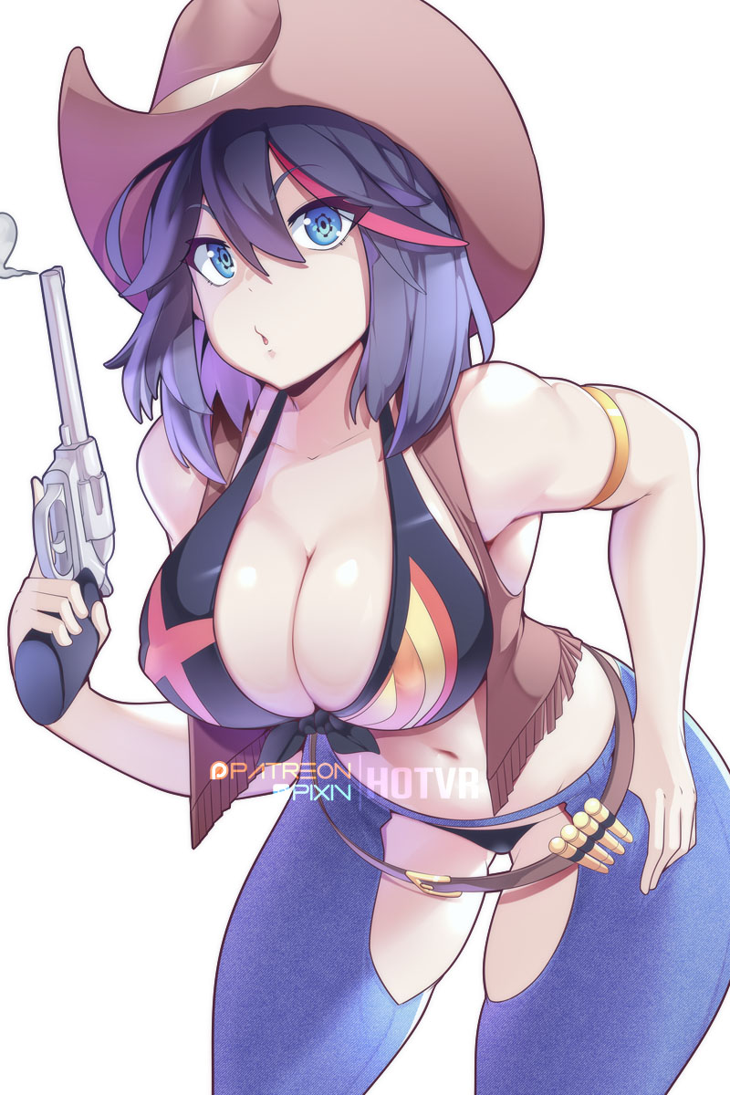 1girls, alternate costume, armlet, assless chaps, bent over, big breasts, bikini, bikini top, black bikini, black hair, black-haired female, blowing, blue eyes, blue thighhighs, bob cut, breasts, brown hat, bullet belt, bullets, cheesecake, cleavage, cosplay, cowboy hat, cowboy shot, cowgirl, cowgirl outfit, curvy, cute, female, g-string, gun, hair between eyes, hand on hip, handgun, hat, highres, holding, holding gun, holding weapon, hotvr, hourglass figure, human, human female, jewelry, kill la kill, large breasts, light-skinned female, looking at viewer, matoi ryuuko, midriff, multicolored hair, navel, old west, patreon username, pinup, pistol, red hair, revolver, short hair, simple background, slim waist, smoking gun, solo, standing, streaked hair, swimsuit, tassles, teenager, thick thighs, thighhighs, trigger discipline, unusual pupils, vest, weapon, white background, wide hips