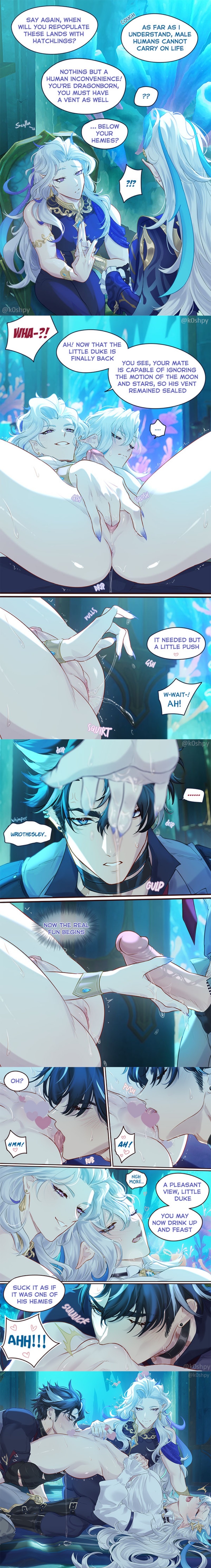 ?!?, ??, arched back, black hair, blue highlights, bodily fluids, bodily fluids drip, clothed, clothed male, clothed male clothed male, clothed masturbation, clothed sex, cunnilingus, cuntboy, cuntboy sans balls, english, english dialogue, english text, fingering, fingering another, fingering pussy, fingernails, genital fluids, genshin impact, grey highlights, herm, hermaphrodite, human, humanoid, intersex, jerking off, jerkingoff, jerkingoff another, k0shpy, male, male only, maleherm, masturbating during cunnilingus, multi genitalia, multicolored hair, multiple males, neuvillette (genshin impact), penis, pussy, scylla (genshin impact), threesome, watching, watching sex, white hair, wolf, wriothesley (genshin impact), yaoi