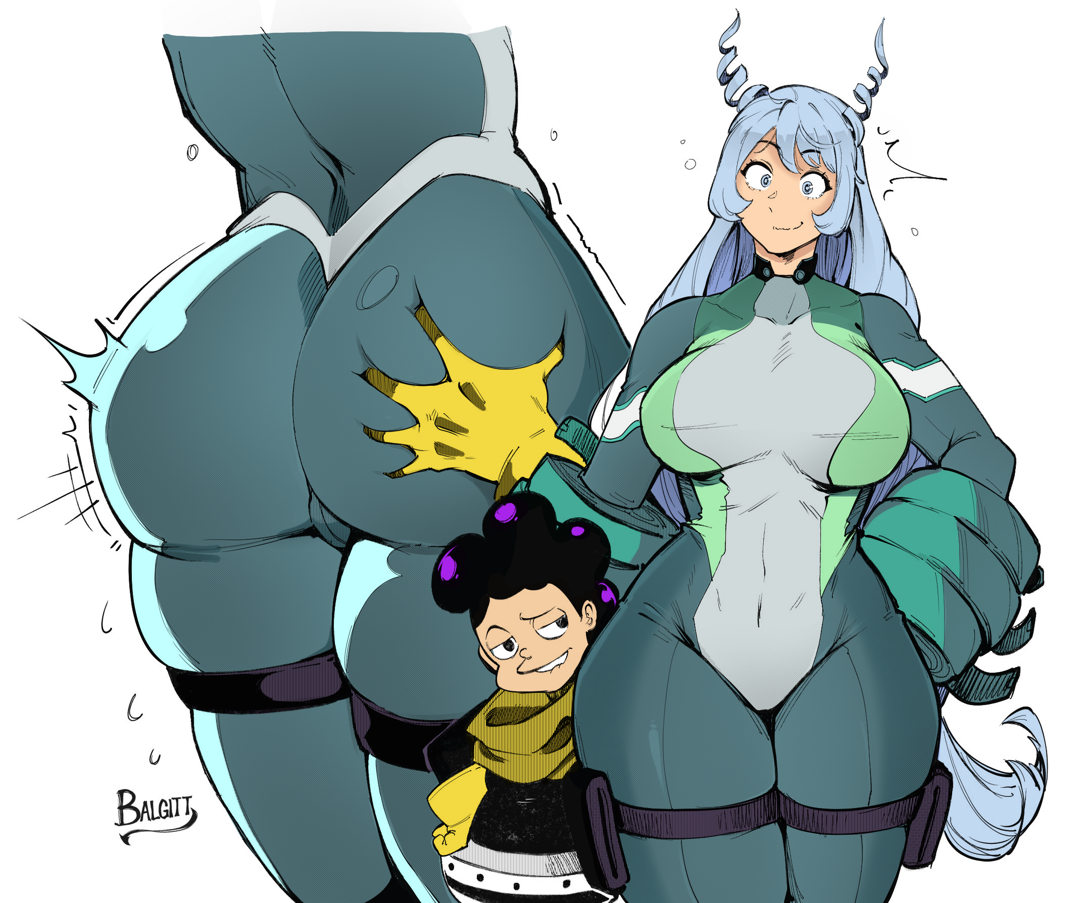 1boy, 1girls, balgitt, big ass, big butt, bigger female, blue eyes, blue hair, boku no hero academia, color, color edit, colored, colored sketch, colorshun, female, grabbing ass, hadou nejire, hero outfit (mha), hetero sex, long hair, male, minoru mineta, my hero academia, nejire hado, nejire hado (hero outfit), purple hair, sex, short hair, size difference, smaller male, smiley face, straight, younger female, younger male