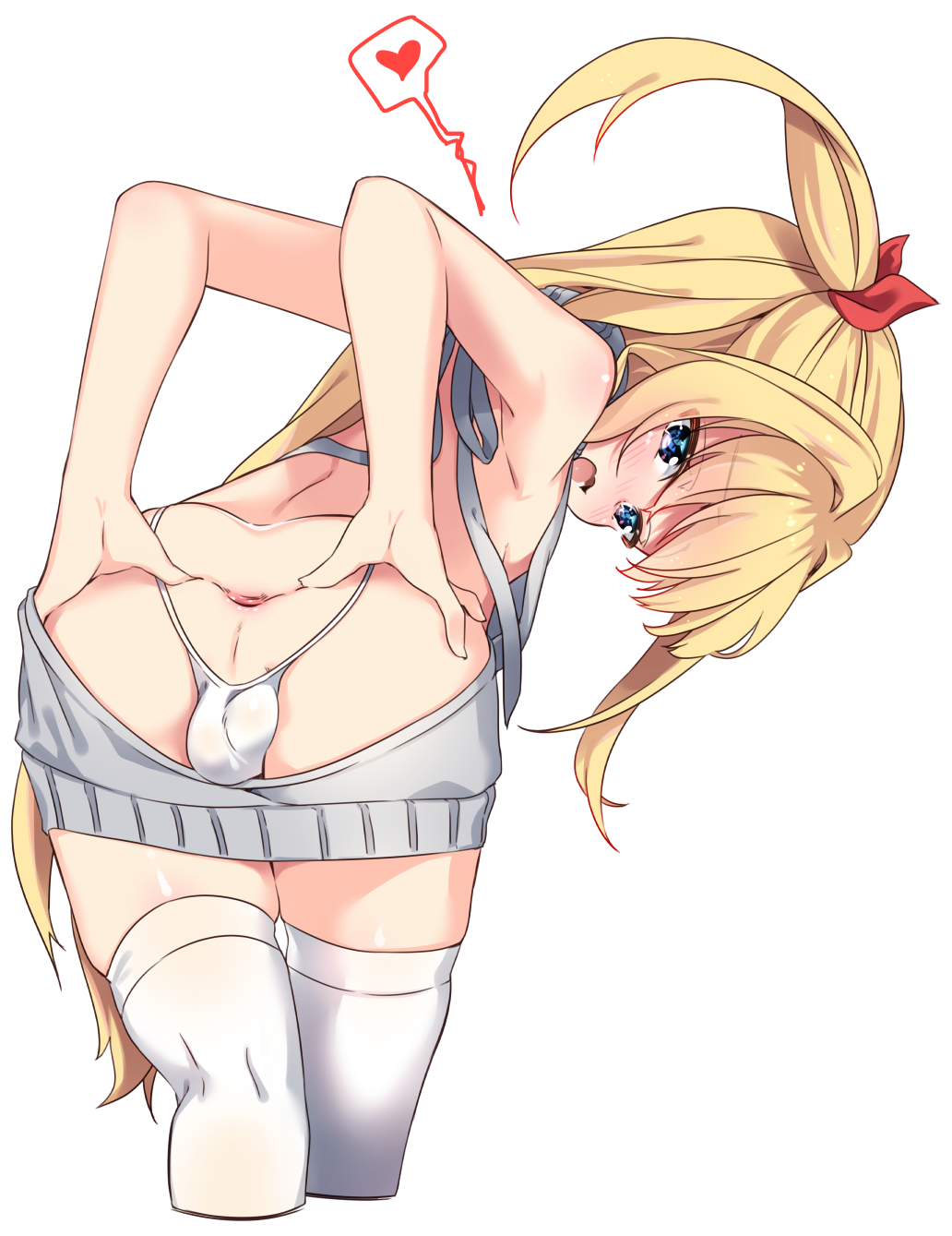 1boy anus backless_panties bent_over blonde_hair blush crossdressing gaping_anus girly looking_at_viewer male_only open_mouth presenting presenting_hindquarters ramram solo spread_anus tagme testicles_in_panties thighhighs thong trap virgin_killer_sweater