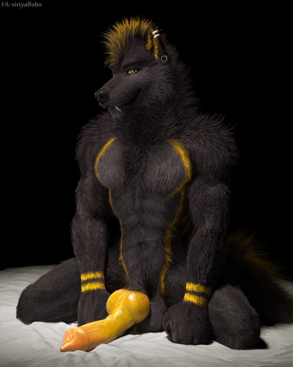 animal_genitalia animal_penis balls black_background canid canine canine_penis canis ear_piercing elsifthewolf fangs hi_res knot looking_at_viewer male male_only mammal nude penis piercing simple_background smile solo virtyalfobo wolf yellow_eyes yellow_penis