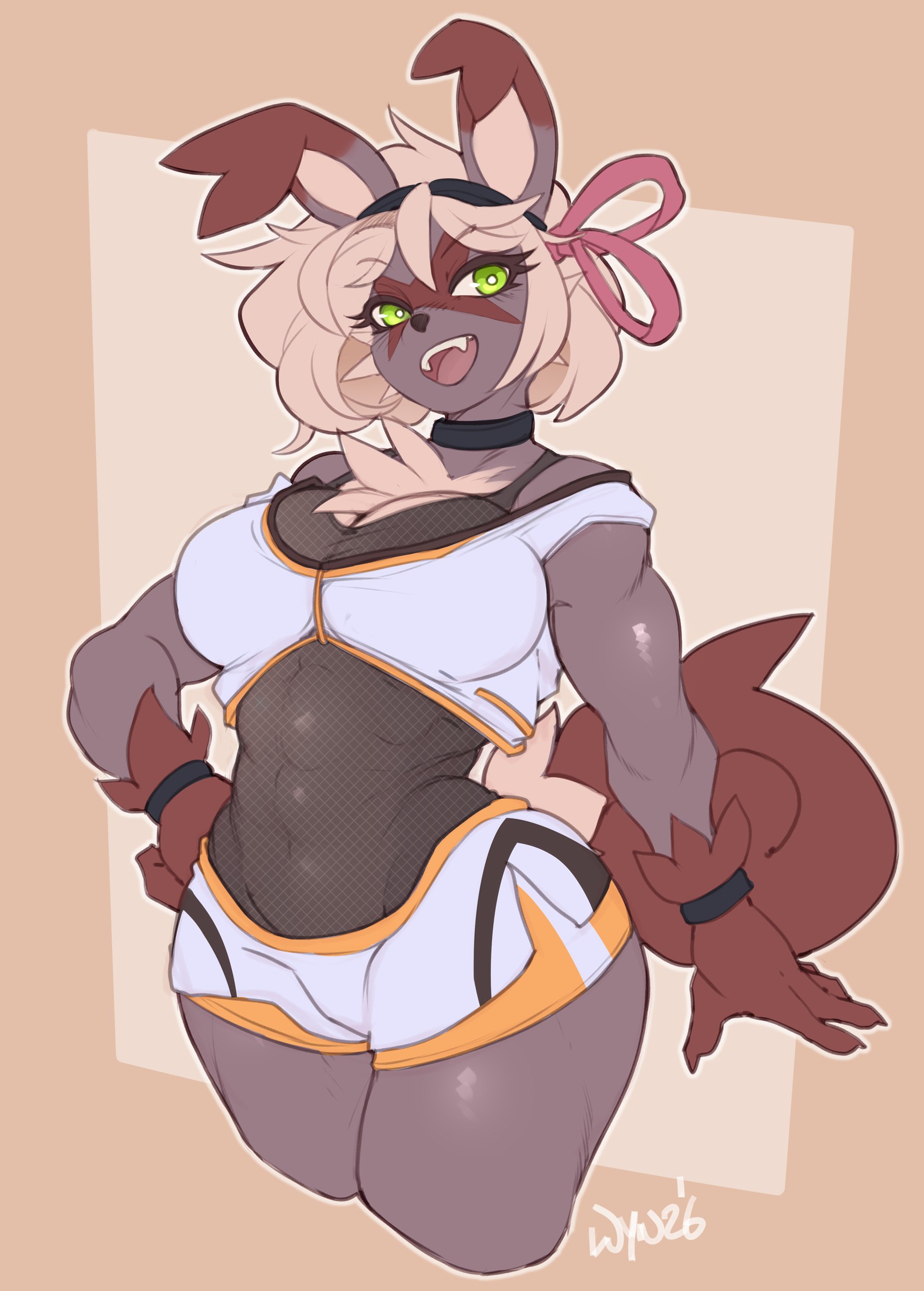 1girls, 2020s, 2026, 5 fingers, abs, absurd res, accessory, anthro, anthro body, anthro female, armband, armpit peek, arms down, armwear, ass, athletic, athletic female, biceps, big breasts, big butt, big ears, big tail, black choker, black clothes, black eyelashes, black headband, black nose, black wristband, bra, breast outline, breasts, busty, chest tuft, choker, claws, clenched fist, closed hand, clothed, clothing, collaarbone, confident, countershade hands, countershade torso, countershading, curly hair, curvy, curvy female, curvy figure, digital media (artwork), ear, ears up, eeveelution, eyewear, facial markings, fakemon, fangs, female, female focus, female only, fingers, fist, fit, fit female, furry, furry female, furry focus, furry only, glistening arms, glistening legs, green eyes, hand on hip, hands, handwear, headband, headwear, hourglass figure, humanoid, long tail, looking at viewer, mostly clothed, mostly clothed anthro, mostly clothed female, muscular anthro, muscular female, nintendo, nose, open eyes, open hand, open mouth, open smile, pink headwear, pokemon, red ears, red hands, red markings, red tail, round breasts, round butt, see-through, see-through clothing, see-through shirt, short hair, shorts, simple background, smile, smiling at viewer, solo, sports bra, sports shorts, sportswear, standing, tail, tan countershading, tan fur, tan hair, teeth, three-quarter portrait, three-quarter view, three-tone body, three-tone ears, three-tone fur, topwear, translucent, translucent clothing, two-tone ears, two-tone tail, two-tone topwear, underwear, v-cut, voluptuous, voluptuous female, wyntersun