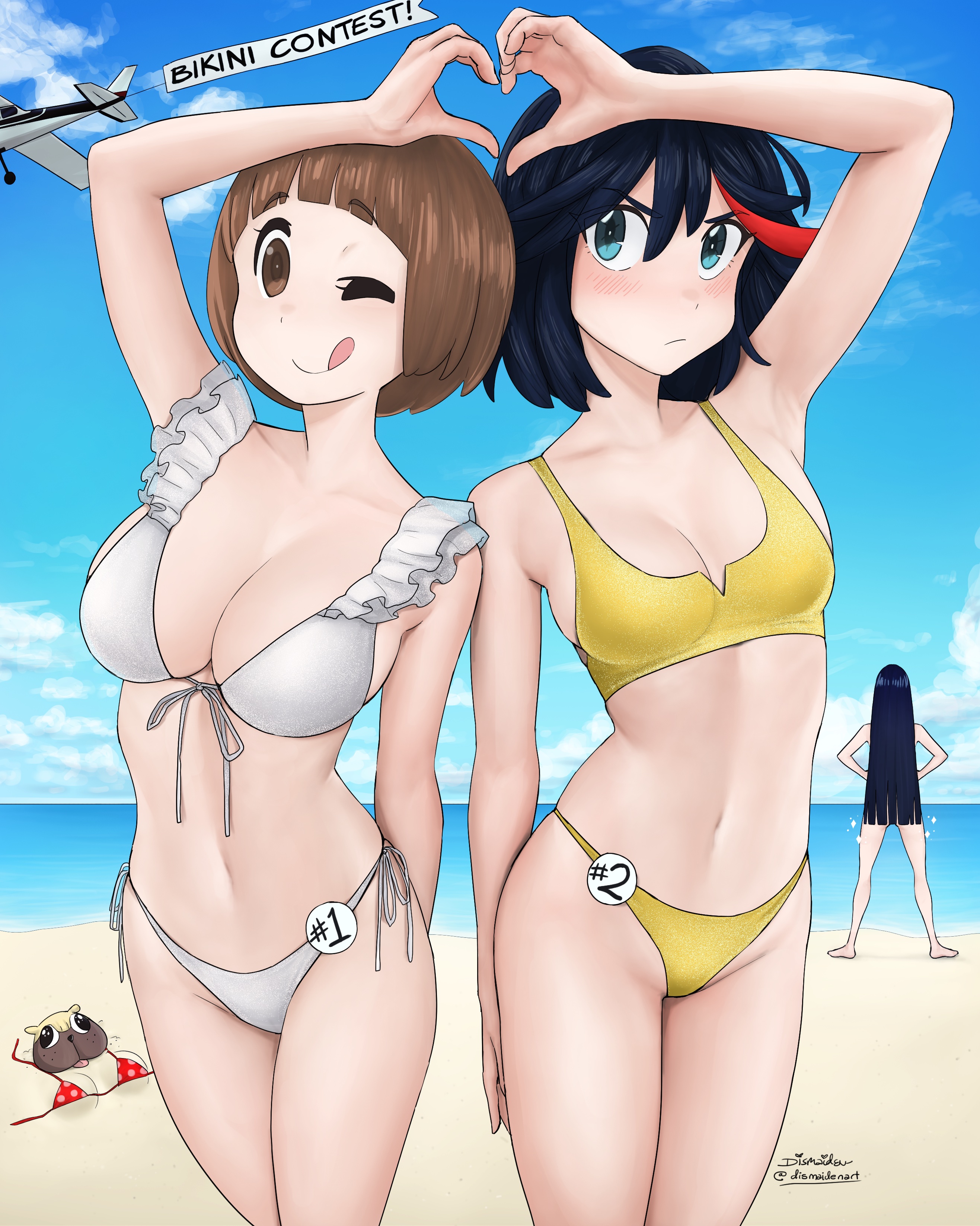 3girls, absurdres, beach, bikini, black hair, black-haired female, breasts, brown hair, brown-haired female, canine, dismaiden, female, guts (kill la kill), heart, heart hands, highres, kill la kill, kiryuuin satsuki, large breasts, mankanshoku mako, matoi ryuuko, medium breasts, multiple females, multiple girls, nude, ocean, sand, swimsuit