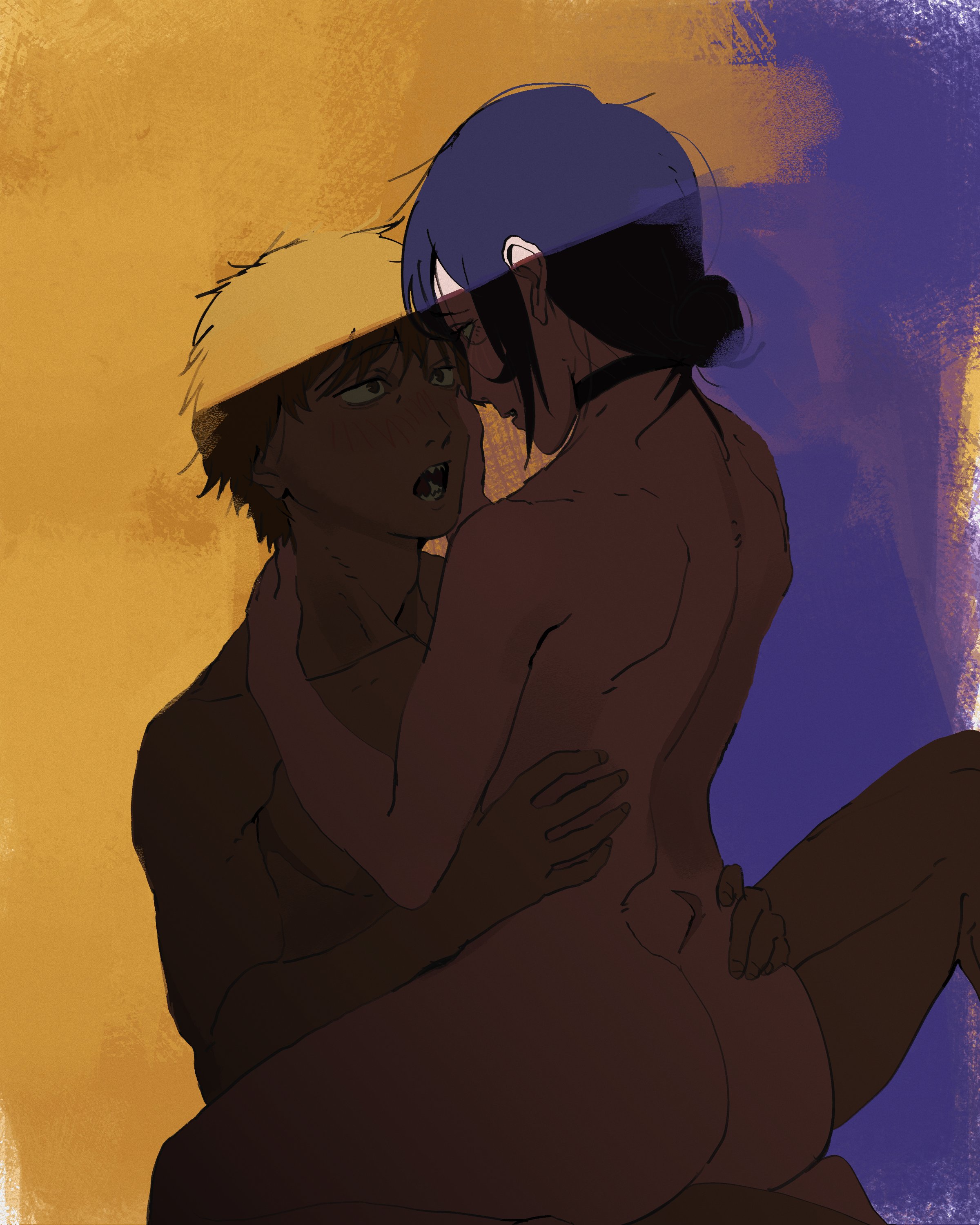   ani  , 1boy, 1boy1girl, 1girls, arms around partner, ass, blonde hair, blush, chainsaw man, choker, color, denji (chainsaw man), dimples of venus, female, hair bun, half-closed eyes, hand on another's face, hand on another's hip, highres, lighting, looking at another, male, purple background, purple hair, reze (chainsaw man), romantic, romantic couple, sharp teeth, sitting, sitting on lap, straddling, straight, thick thighs, tied hair, toned, toned male, wholesome, yellow background, yellow eyes