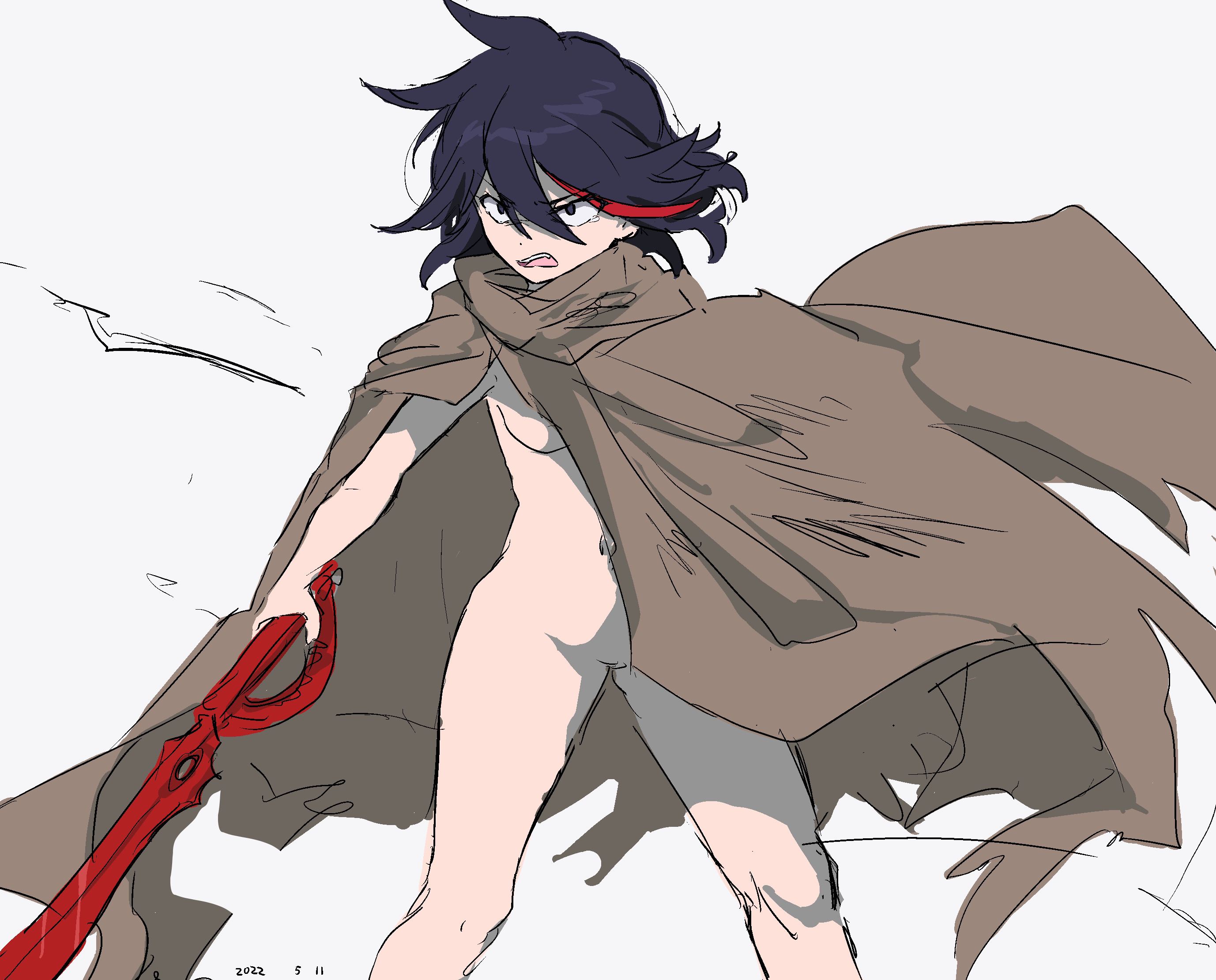 1girls, black hair, black-haired female, breasts, cape, dated, female, hair between eyes, highres, holding, holding sword, holding weapon, kill la kill, matoi ryuuko, medium breasts, multicolored hair, nude, pussy, red hair, scissor blade (kill la kill), short hair, solo, streaked hair, sword, takatisakana, two-tone hair, weapon, wind, wind lift