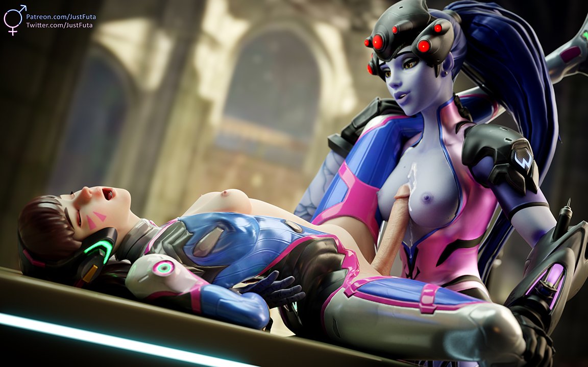 2futas, 3d, 3d (artwork), areolae, blender, bodysuit, breasts, cum, cum on breasts, d.va, dickgirl, erection, futa only, futanari, gloves, intersex, justfuta, nipples, open mouth, overwatch, paizuri, penis, sex, widowmaker