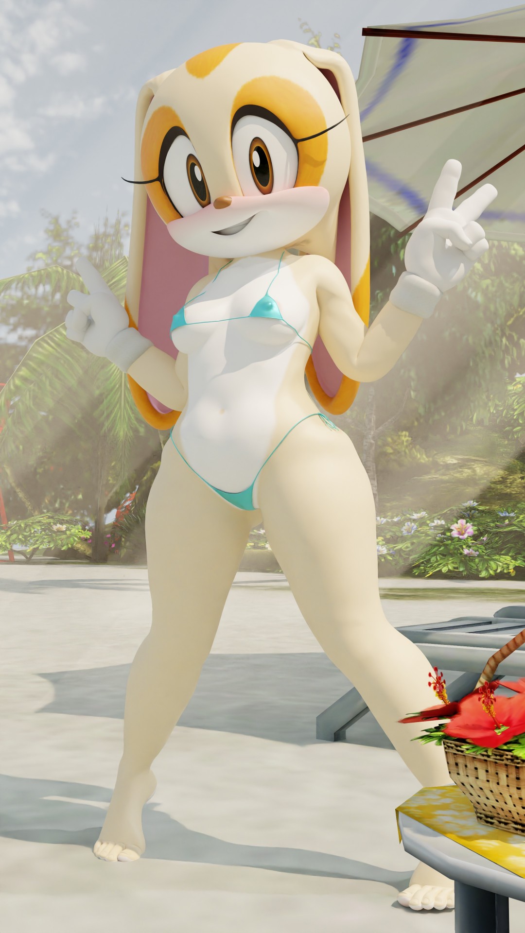 3d, 3d (artwork), beach, bikini, cream the rabbit, embarrassed, female, furry, mobian, mobian (species), mobian rabbit, rabbit, sonic (series), sonic the hedgehog (series), tagme, twintails3d