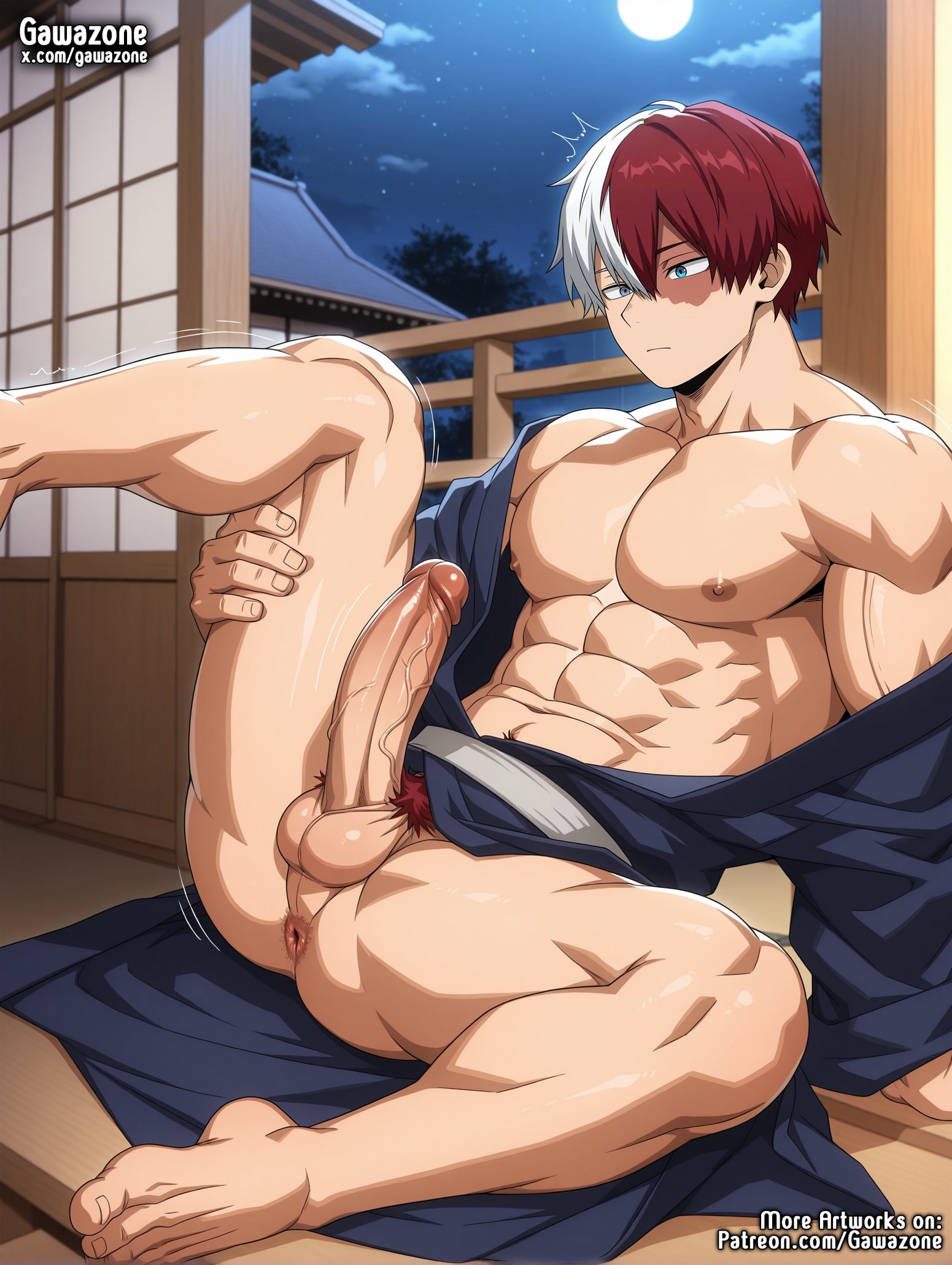 ai generated, bara, boku no hero academia, gawazone, gay, male, male focus, male only, muscular, muscular male, my hero academia, shouto todoroki, todoroki shouto, yaoi