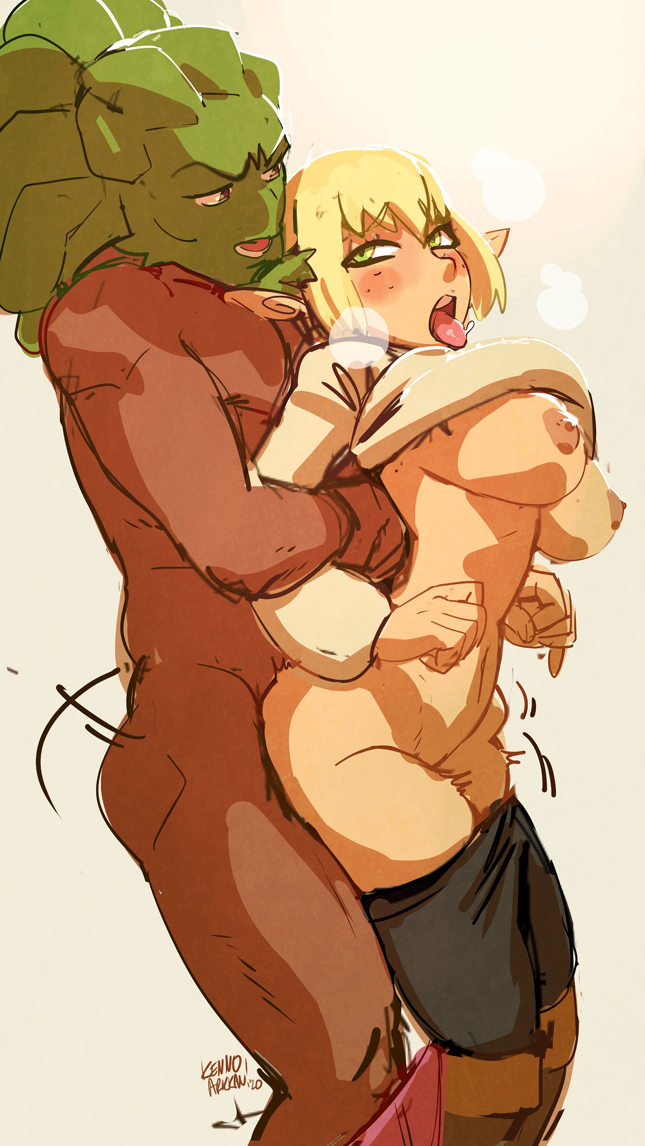 blonde hair, cra, dark skin, dark-skinned male, elf, evangelyne, female, green eyes, green hair, interracial, kenno arkkan, locked arms, male, prince armand, sadida, tongue, tongue out, wakfu