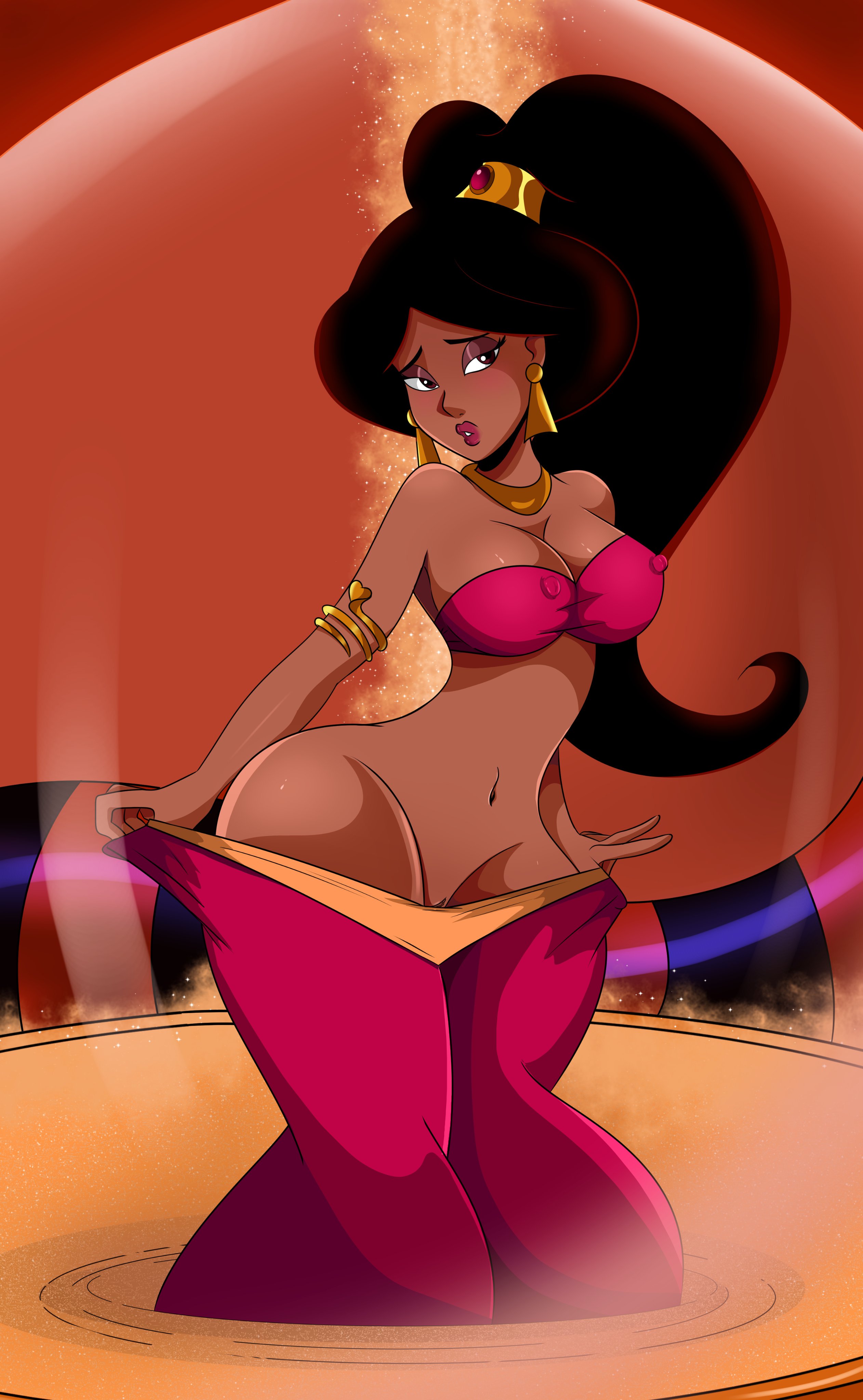 aladdin, arabian, arabian clothes, athletic, bare shoulders, big breasts, black hair, breasts, brown hair, busty, cleavage, corruption, dark skin, dark-skinned female, disney, disney princess, erect nipples, evil queen jasmine, eyeshadow, female, female focus, female only, harem outfit, hourglass, hourglass figure, in container, jafar harem outfit, large breasts, long hair, navel, nipple bulge, nipples, pinup, ponytail, princess jasmine, pussy, royalty, sonson-sensei, wide hips