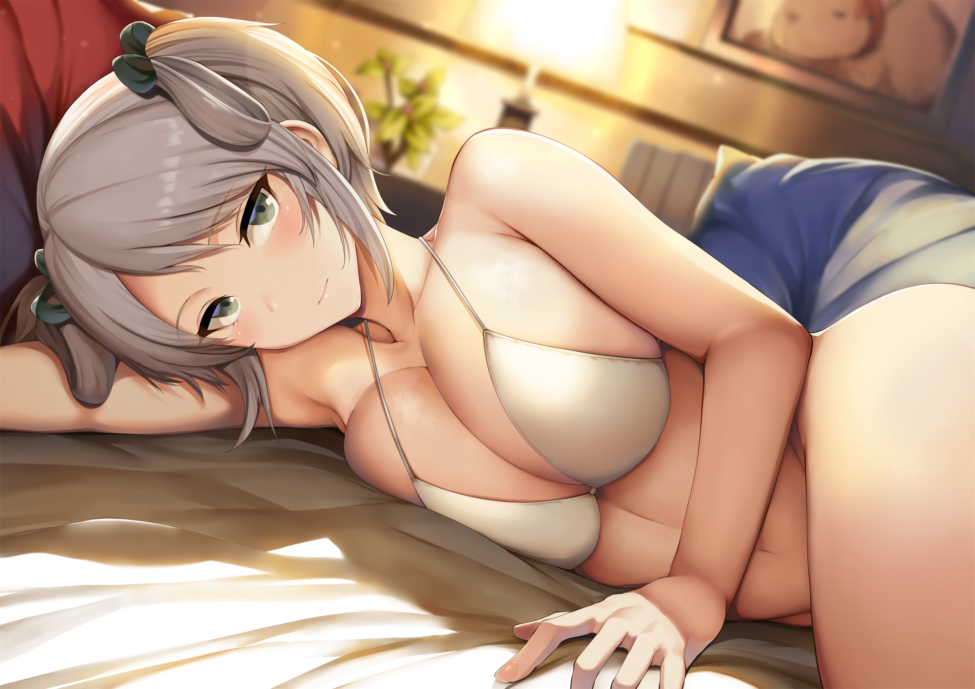 belko, big breasts, bikini, blush, bra, breasts, candle, ciel alencon, detailed background, eyelashes, female, female focus, female only, god eater, god eater 2: rage burst, highres, huge breasts, lolicept, looking at viewer, lying, lying down, lying on side, namco, pillow, shoulders, silver eyes, silver hair, twintails, white bra, white clothing, white skin