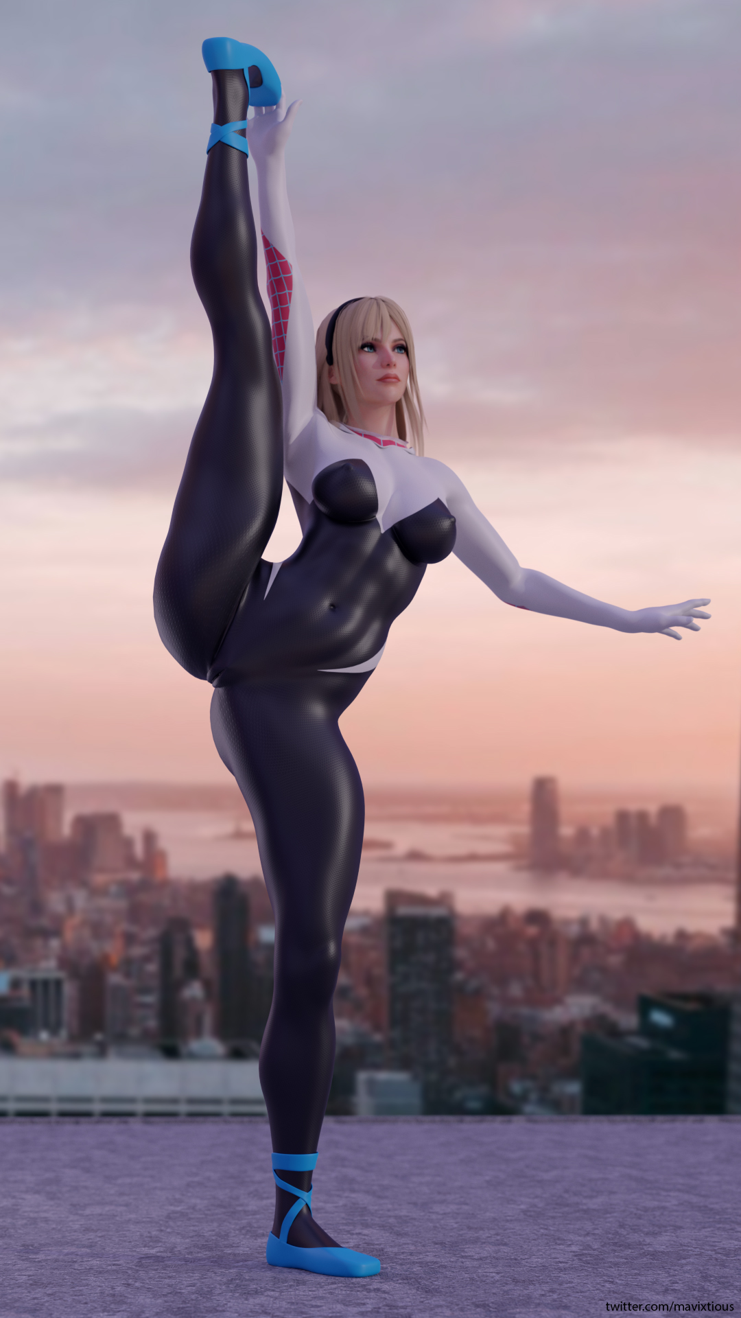 1girls, 3d, athletic, big breasts, blender, bodysuit, breasts, cameltoe, female, female only, flexible, flexing, gwen stacy, hairband, large breasts, marvel, marvel comics, mavixtious, pussy, solo, spider-gwen, spider-man (series), spread legs, stretches, stretching, tight clothing