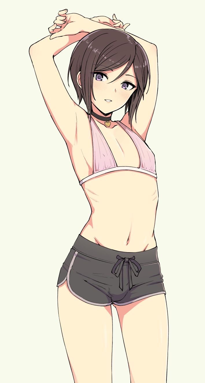 anime, anime style, bikini top, brown hair, cute, cute male, fair-skinned male, femboy, femboy only, male, purple eyes, short hair, short shorts, shorts, slim, smaller male, solo, solo focus, solo male, stretching