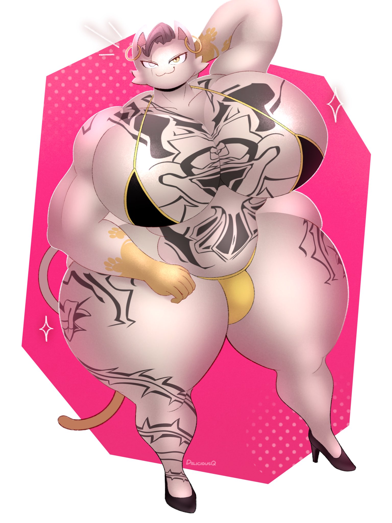 anthro, big ass, big breasts, bikini, breasts, crossdressing, curvy, curvy figure, curvy male, deliciousq, fat, femboy, fortnite, fortnite: battle royale, heels, hoop earrings, huge breasts, jewlery, male breasts, meowdas, meowdas (fortnite), meowscles, meowscles (fortnite), seductive, strongfat, thick ass, thick thighs, unrealistic proportions, voluptuous, voluptuous male