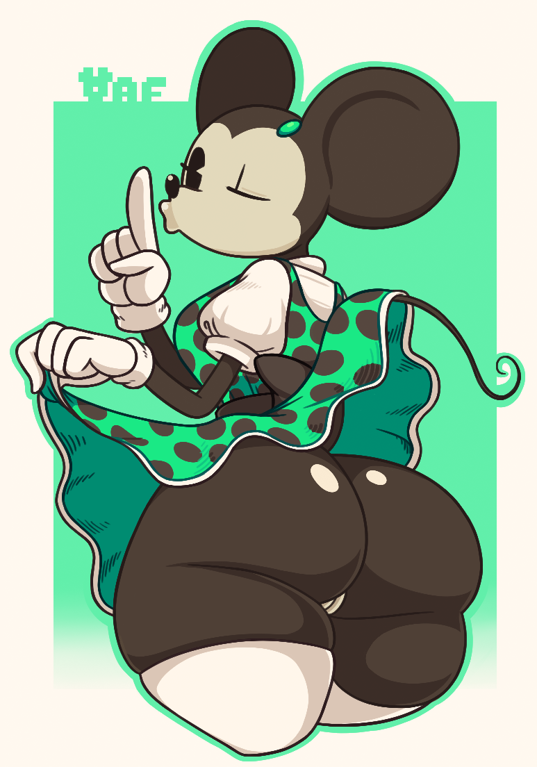 2019, anthro, ass, ass crack, big ass, big butt, bottomless, bottomless skirt, bubble ass, bubble butt, butt crack, clothed, clothing, clothing lift, dress, dress lift, female, gloves, handwear, legwear, looking back, mammal, minnie mouse, mooning, mouse, murid, murine, nsfwoaf, one eye closed, pussy, rodent, skirt lift, solo, stockings, thick thighs, topwear, upskirt, wink
