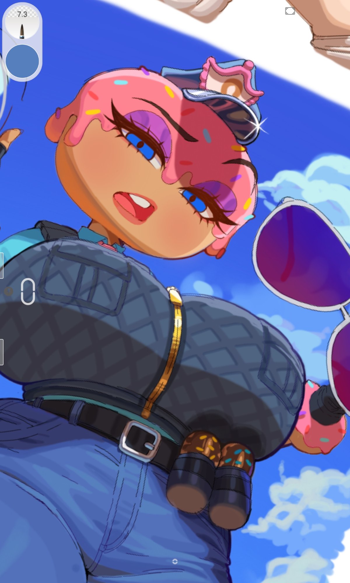 1girls, blue eyes, breasts, constable sprinkle, female, food creature, fortnite, huge breasts, looking at viewer, looking down at viewer, pankekes, police, police uniform, solo, solo female