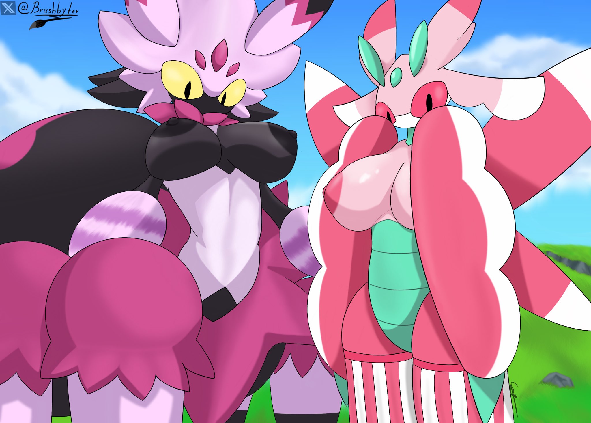arachnid, arthropod, big breasts, black body, breasts, brushbyter, duo, duo female, duo focus, female, female focus, female only, fur, looking at viewer, lurantis, mantis orchid, palworld, pink body, plant, plant girl, pokemon, red eyes, spider, spider taur, tarantriss, underwear, yellow eyes
