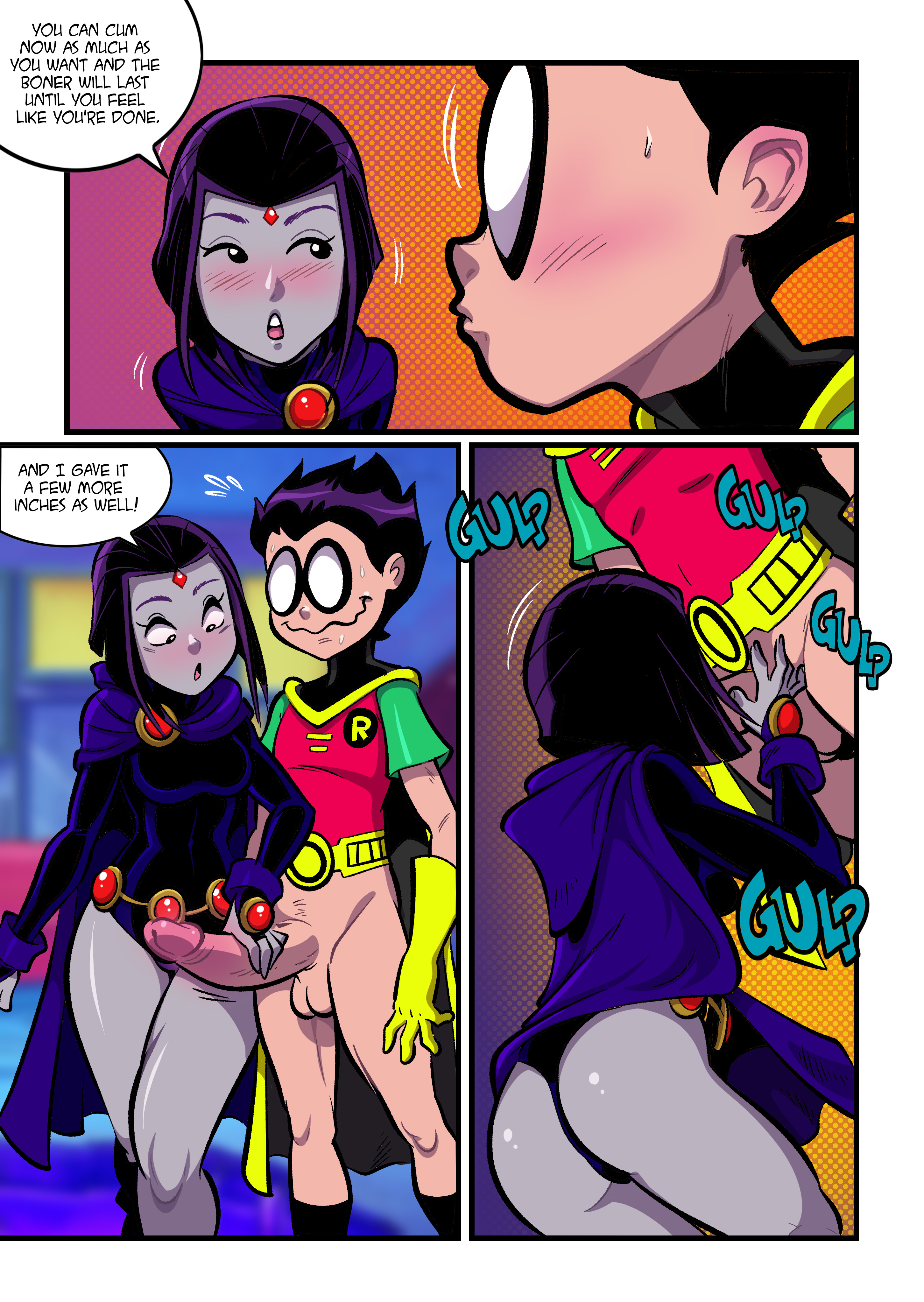 artist request, blowjob, blush, comic, dc, dc comics, dick grayson, english text, fellatio, female, handjob, male, oral, oral sex, rachel roth, raven (dc), robin (dc), robin (dick grayson), tagme, teen titans, teenager, text