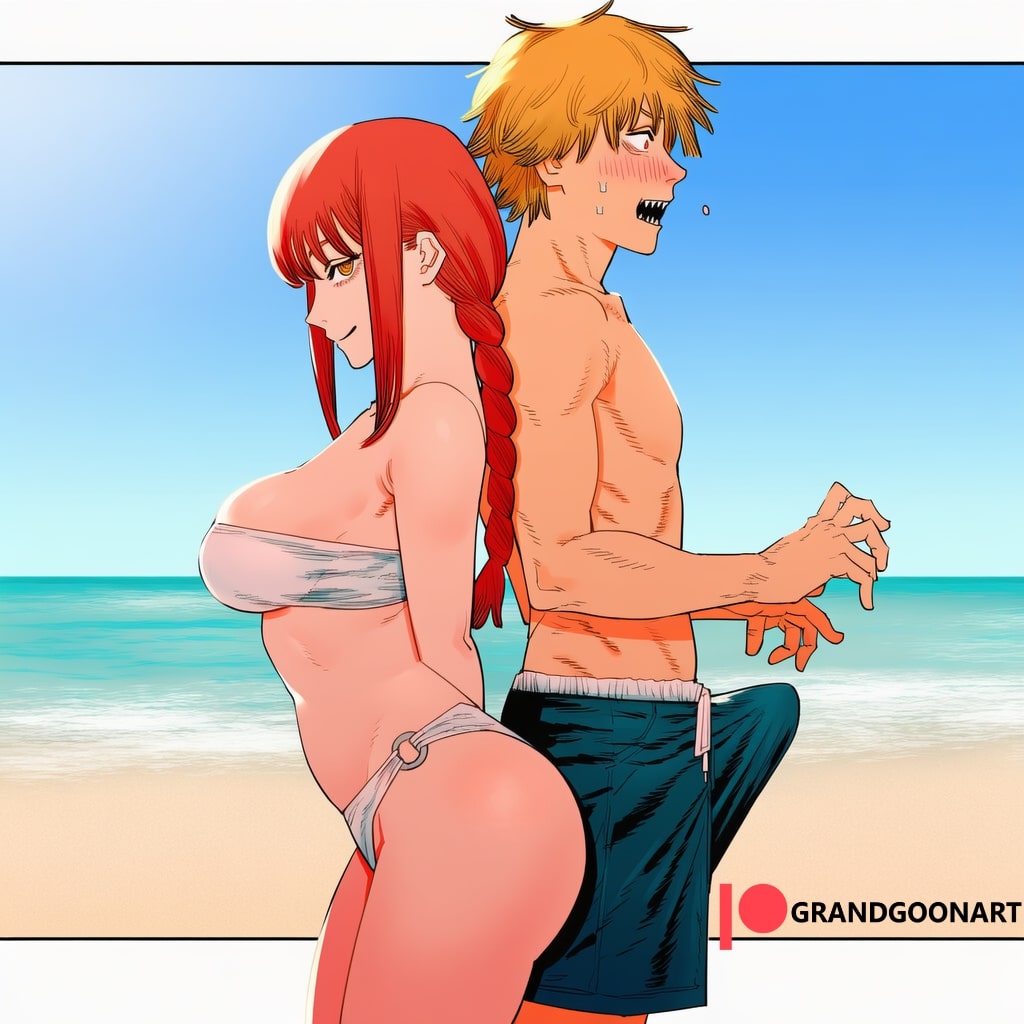 accurate art style, ai generated, ass, beach, big breasts, breasts, chainsaw man, denji (chainsaw man), erection, fake love, fugly, grandgoonart, lust, makima (chainsaw man), manga, manga page, manga style, manipulation, nonconsensual, patreon, pervert, public indecency, villainess