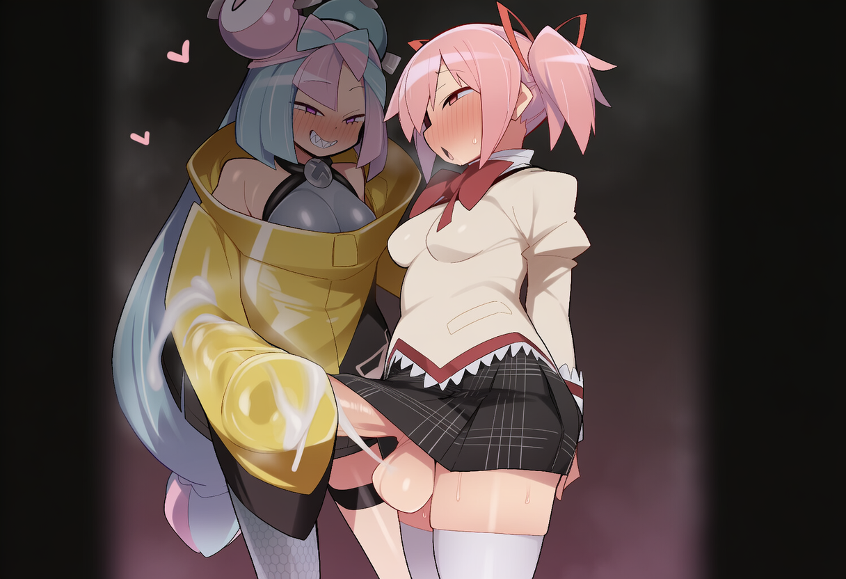 1futa, ai generated, balls, blue hair, crossover, cum, cum in sleeve, cum inside, futanari, handjob, intersex, iono (pokemon), kaname madoka, madoka kaname, nintendo, penis, pink eyes, pink hair, pokemon, pokemon sv, puella magi madoka magica, rule madoka, sleevejob, standing, standing handjob, testicles