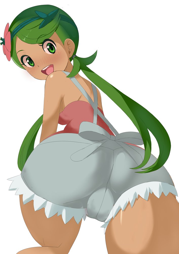 1girls, ass, back, bare shoulders, bent over, big ass, blush, breasts, clothed, clothes, daisy dukes, dark skin, dark-skinned female, female, flower, green eyes, green hair, hair, hairband, human, large ass, long hair, looking back, makoto daikichi, mallow (pokemon), nintendo, open mouth, ornament, pokemon, pokemon sm, pose, shirt, shorts, sideboob, smile, solo, standing, tanned, teeth, thick thighs, thigh gap, tongue, twintails, white background, wide hips